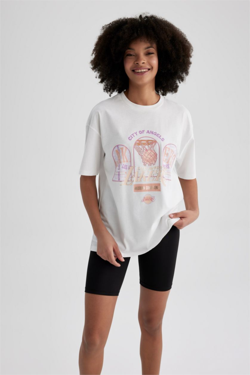 WOMAN Ecru Defacto Fit NBA Los Angeles Lakers Licensed Oversize Fit Sports T-Shirt