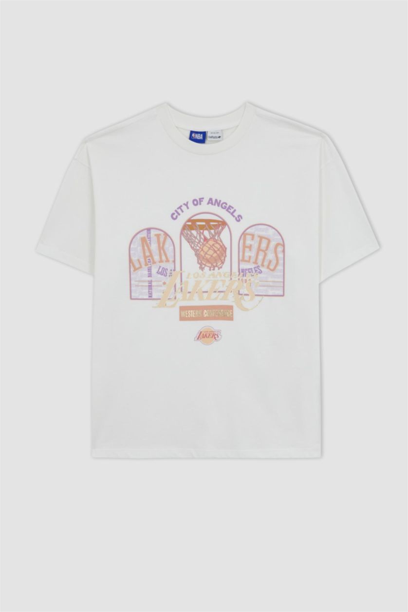 WOMAN Ecru Defacto Fit NBA Los Angeles Lakers Licensed Oversize Fit Sports T-Shirt