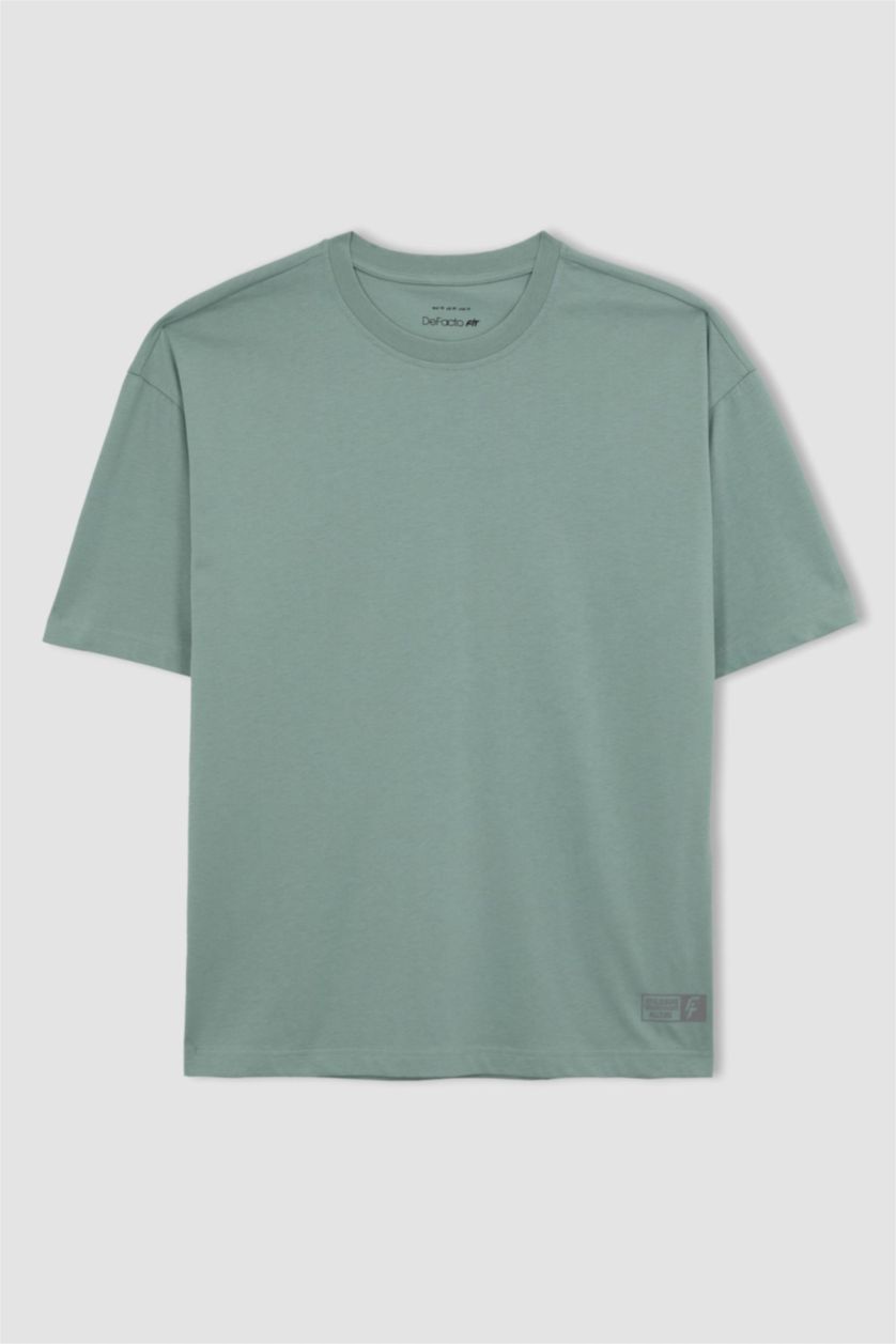 رجال أخضر فاتح تي شيرت نص ردن اوفر سايز مطبوع بياخة مستديرة من DeFactoFit