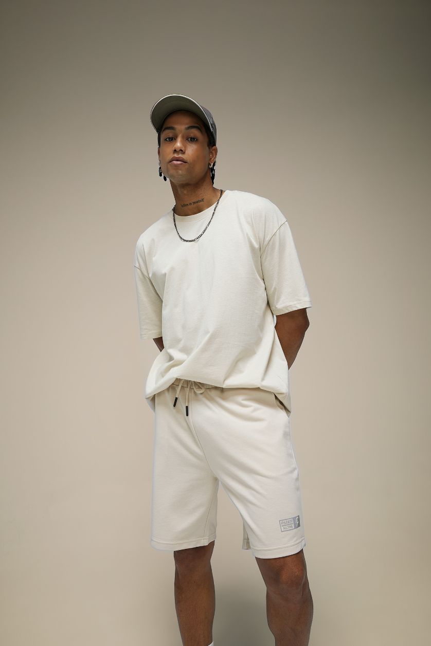 Erkek Kum Oversize Geniş Kalıp Bisiklet Yaka Baskılı Kısa Kollu Sporcu Tişört