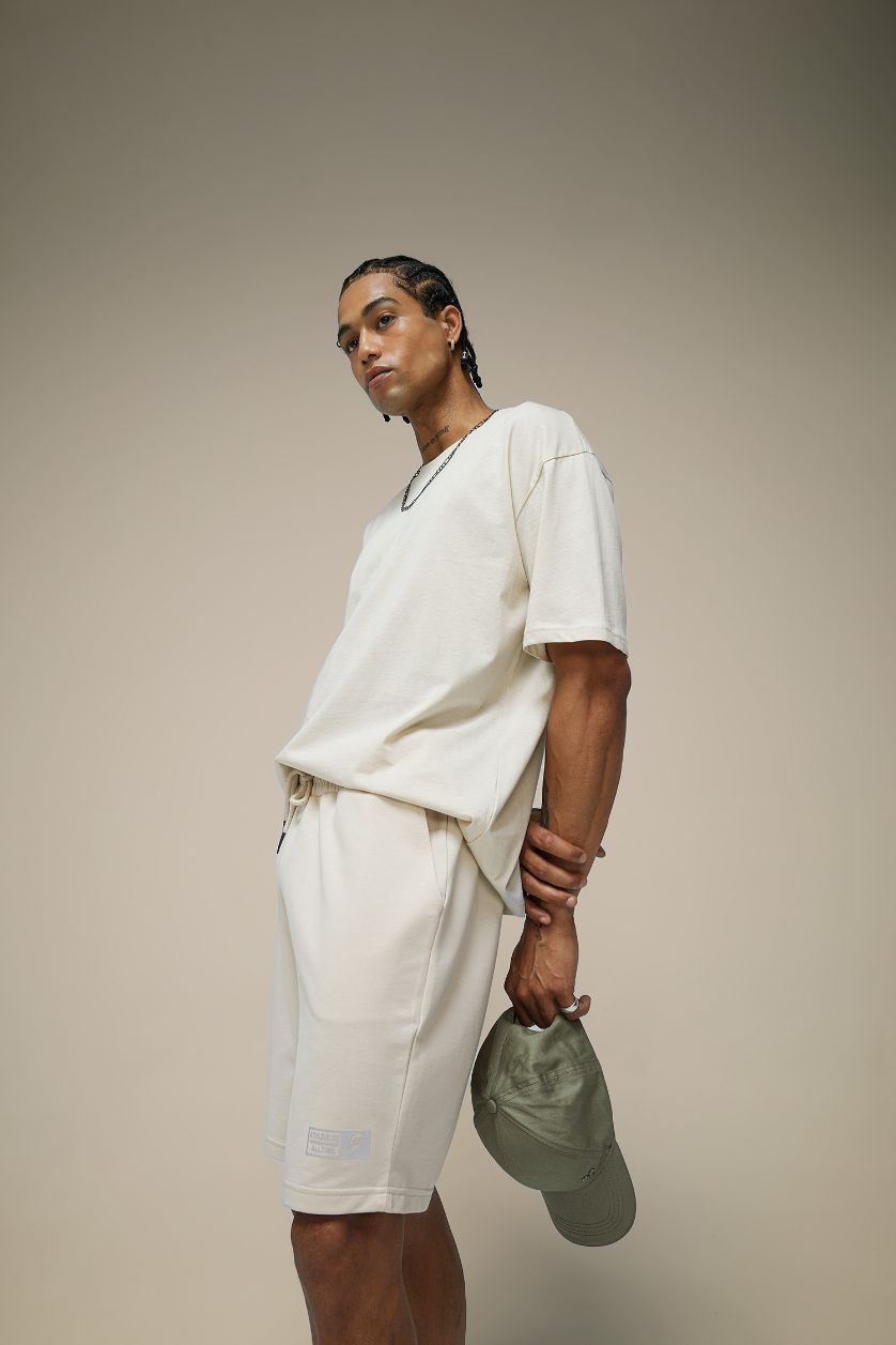 Erkek Kum Oversize Geniş Kalıp Bisiklet Yaka Baskılı Kısa Kollu Sporcu Tişört