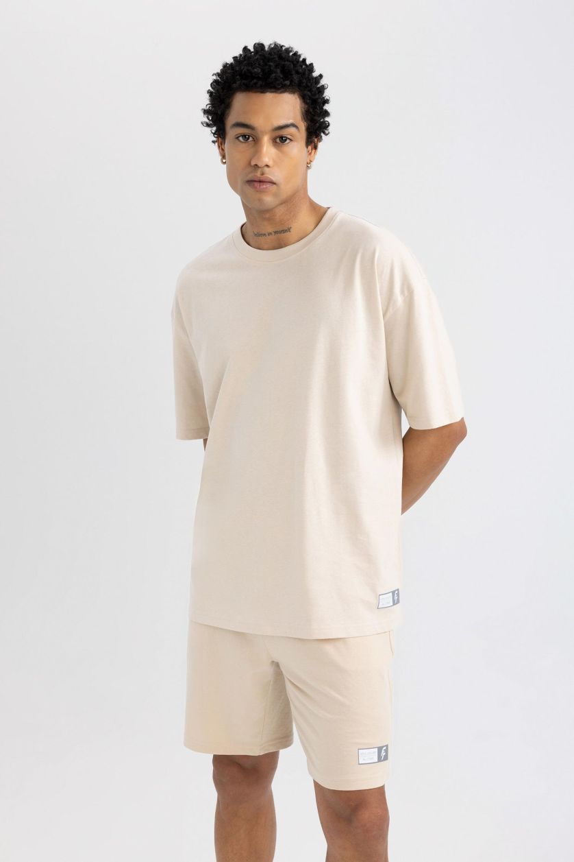 Erkek Kum Oversize Geniş Kalıp Bisiklet Yaka Baskılı Kısa Kollu Sporcu Tişört