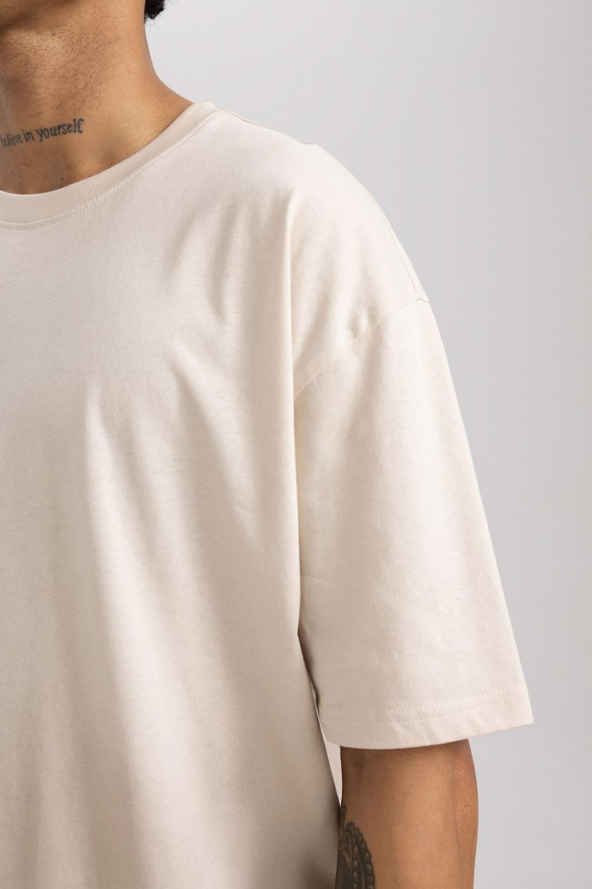 Erkek Kum Oversize Geniş Kalıp Bisiklet Yaka Baskılı Kısa Kollu Sporcu Tişört