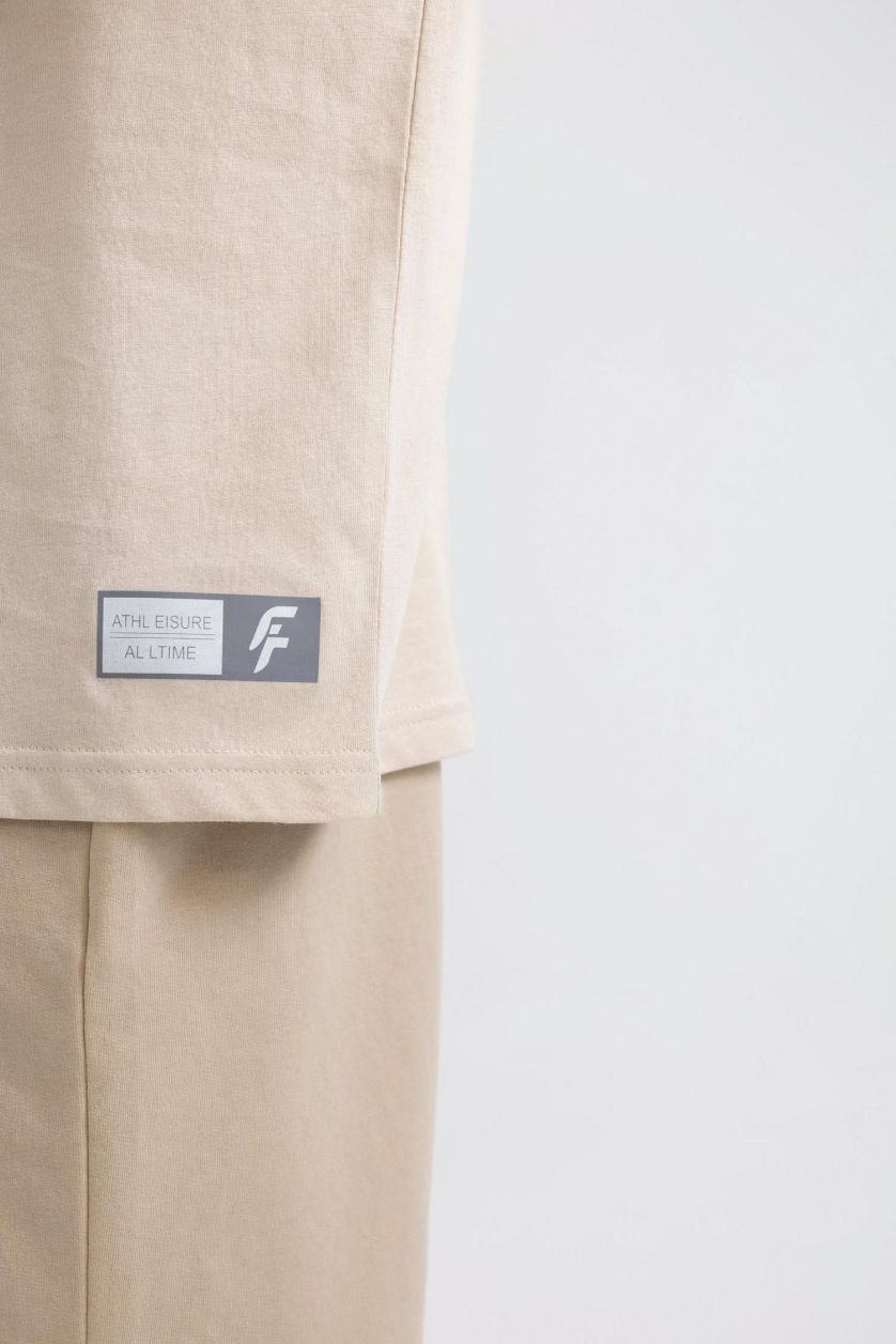 Erkek Kum Oversize Geniş Kalıp Bisiklet Yaka Baskılı Kısa Kollu Sporcu Tişört