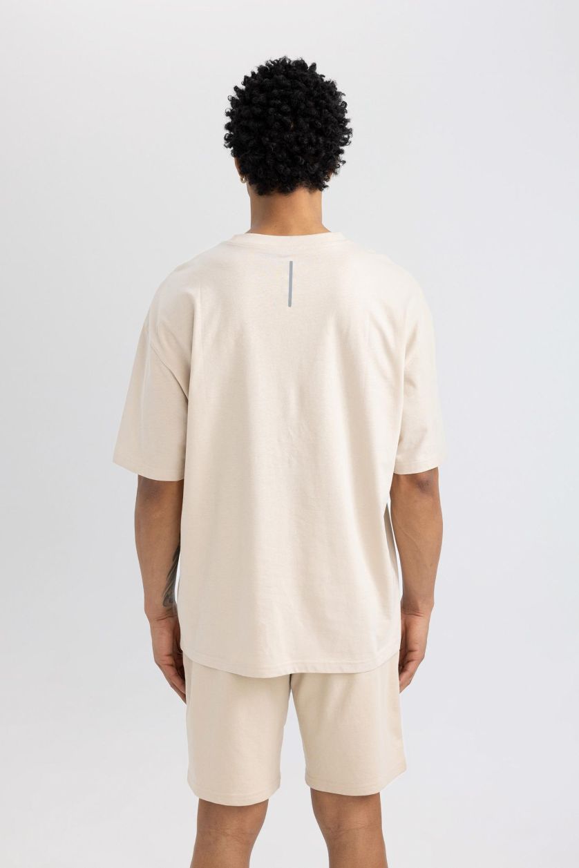 Erkek Kum Oversize Geniş Kalıp Bisiklet Yaka Baskılı Kısa Kollu Sporcu Tişört