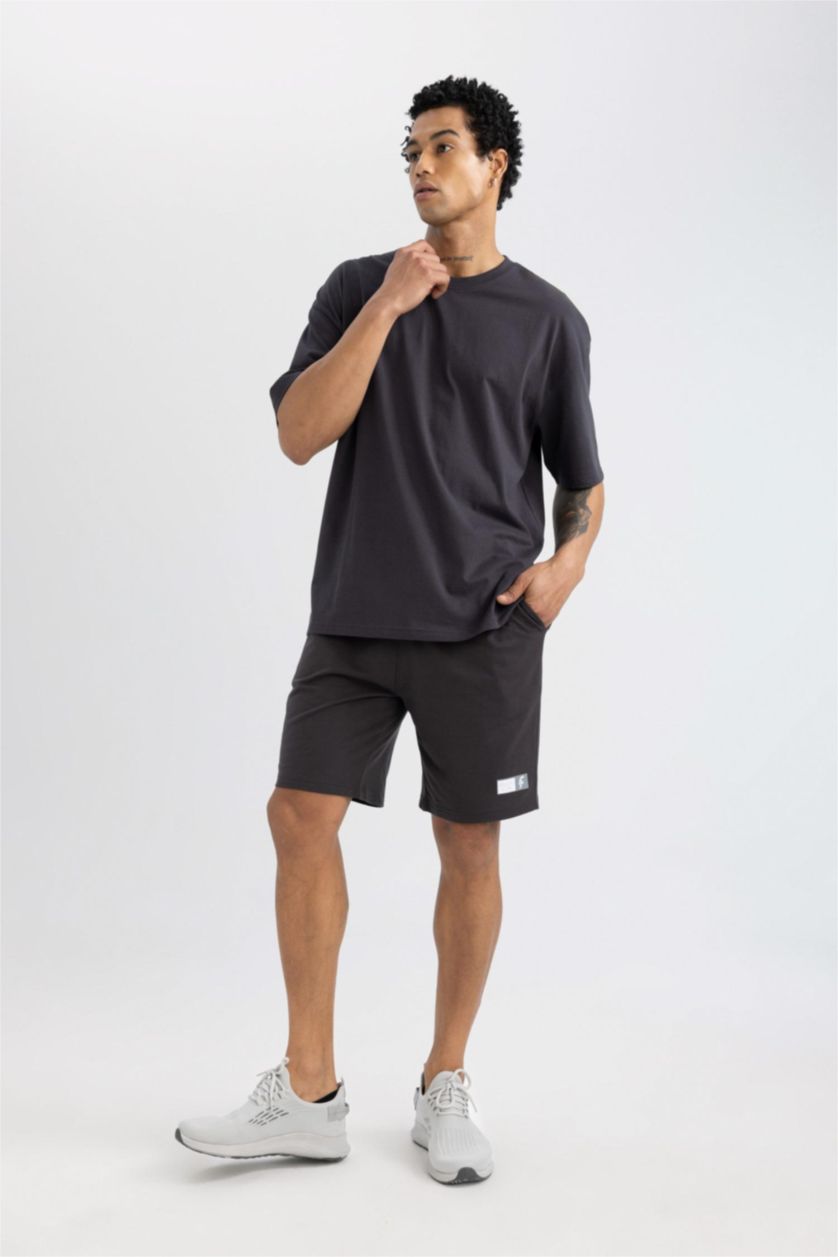 Erkek Antrasit Slim Fit Dar Kesim Cepli Baskılı Sporcu Şort