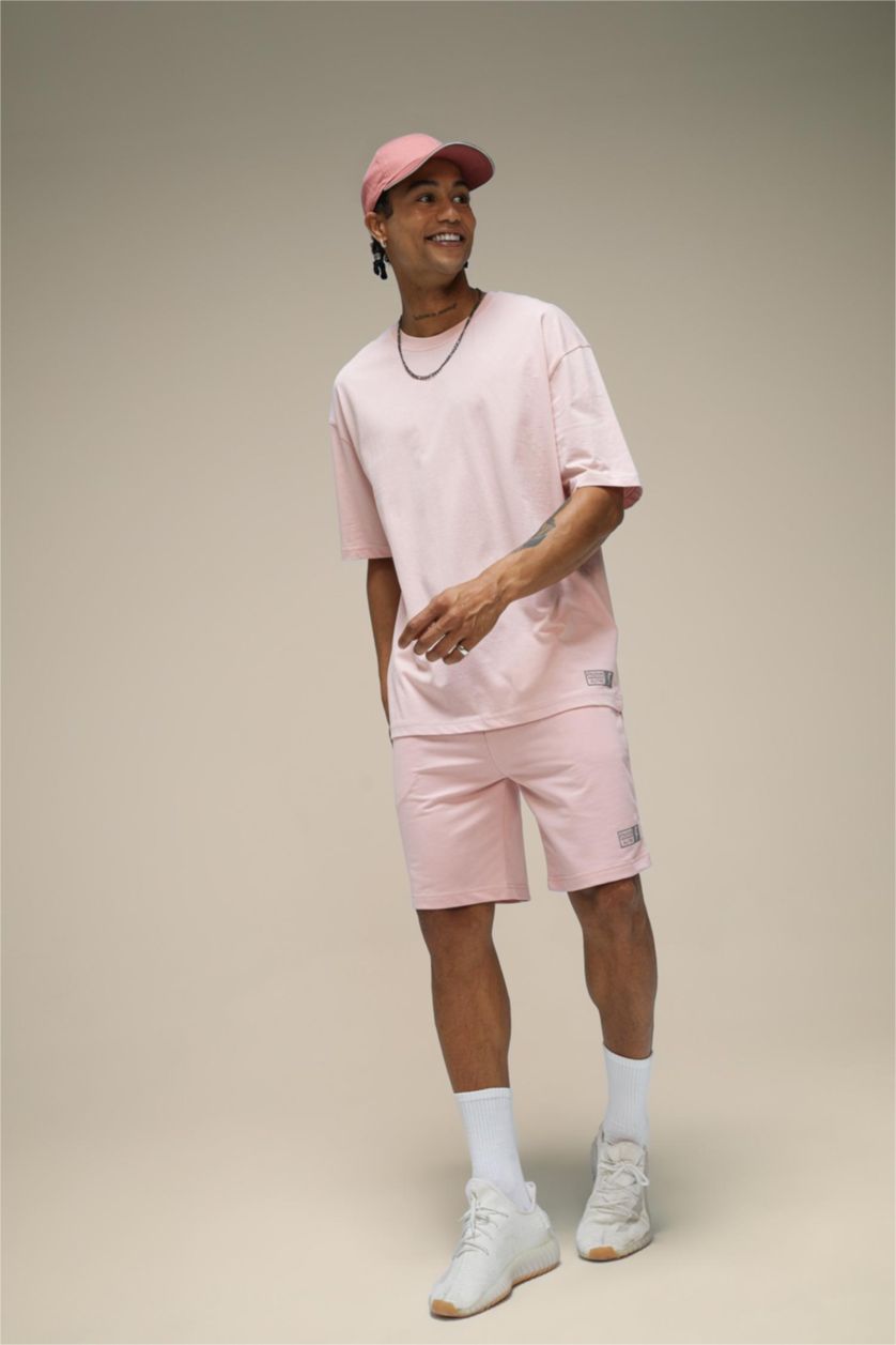 Erkek Pembe DeFactoFit Slim Fit Dar Kesim Cepli Baskılı Şort