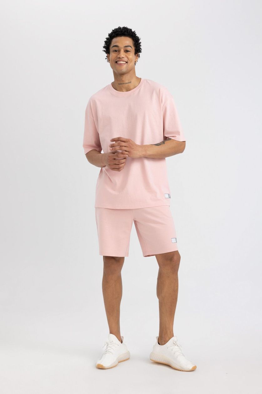 Erkek Pembe DeFactoFit Slim Fit Dar Kesim Cepli Baskılı Şort