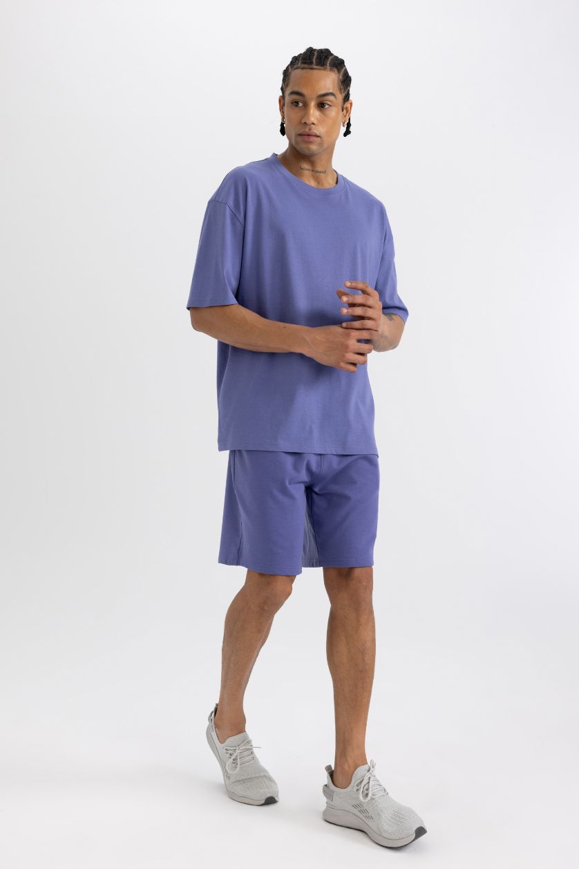 Erkek Mor Slim Fit Dar Kesim Cepli Baskılı Sporcu Şort