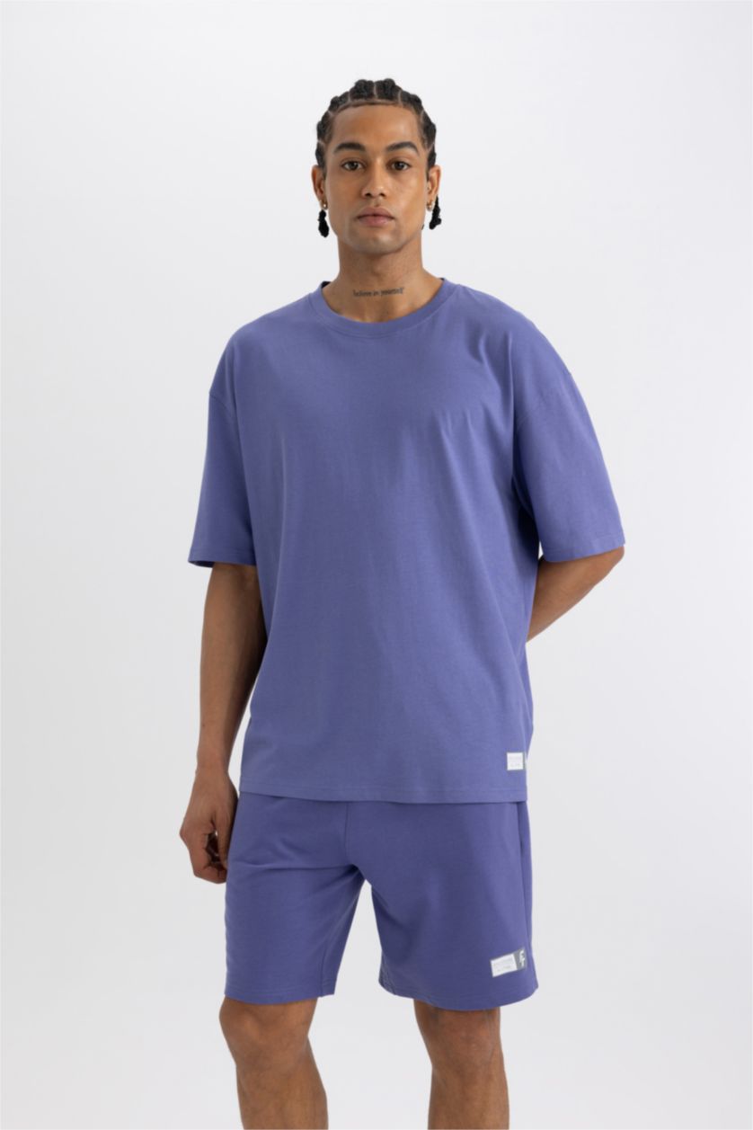 Erkek Mor Slim Fit Dar Kesim Cepli Baskılı Sporcu Şort