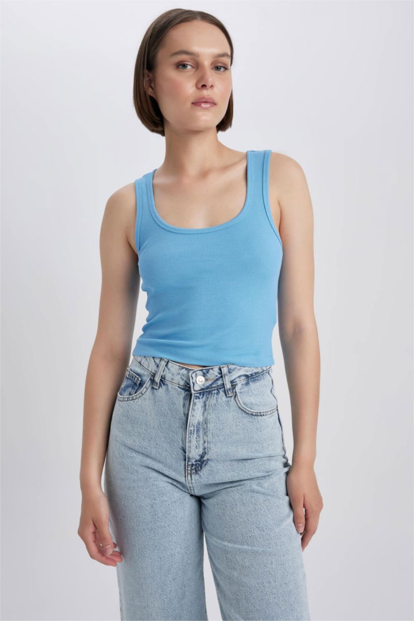 FEMME Bleu Camisole Côtelée Ajustée À Col En U