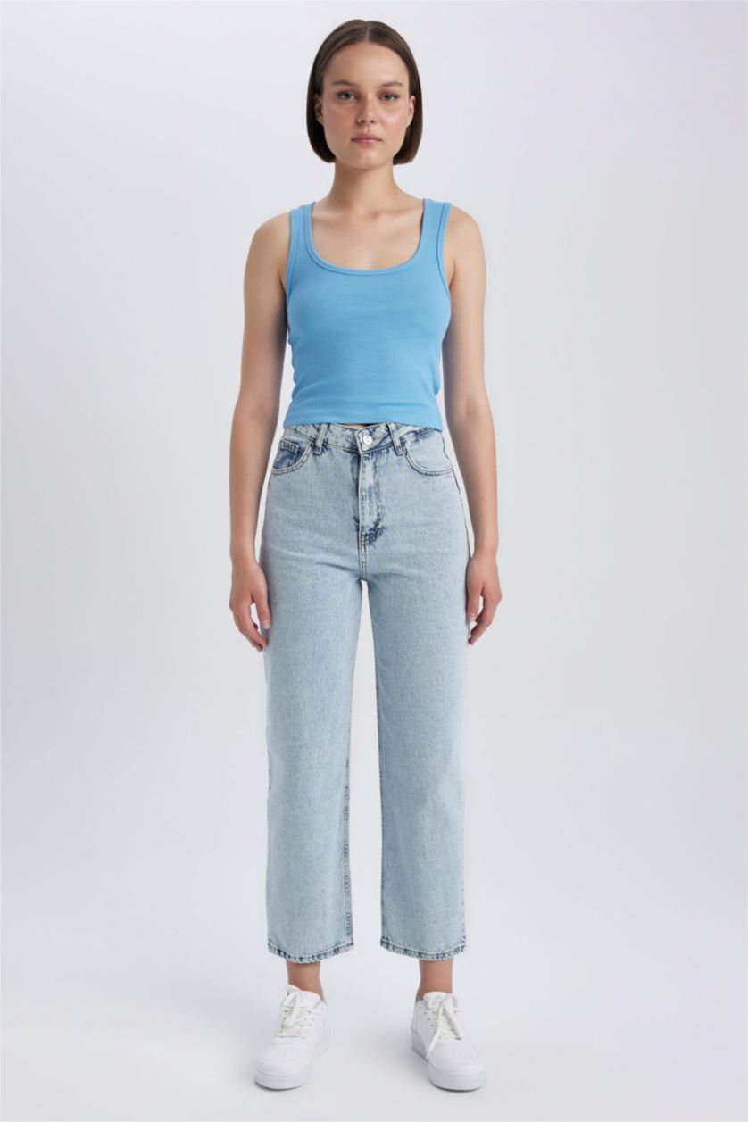 FEMME Bleu Camisole Côtelée Ajustée À Col En U