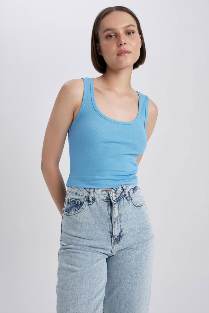 FEMME Bleu Camisole Côtelée Ajustée À Col En U
