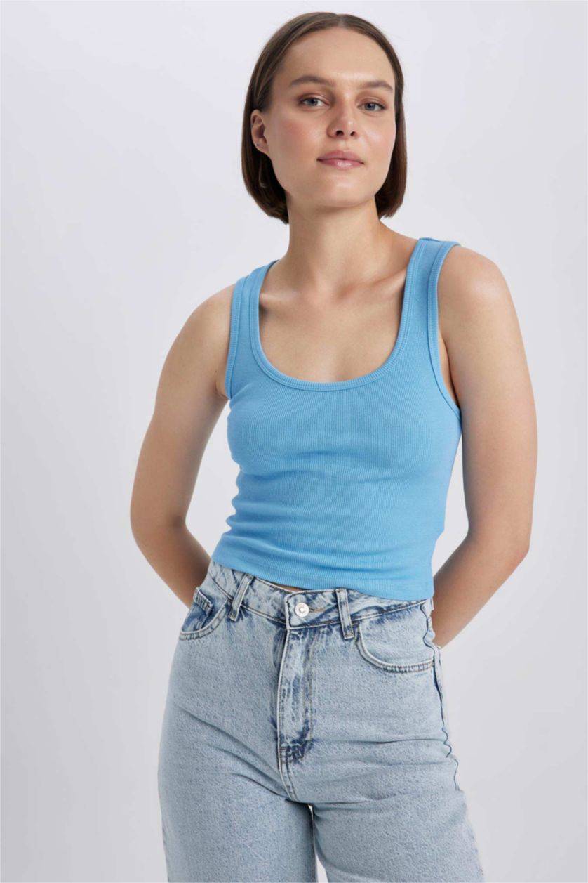 FEMME Bleu Camisole Côtelée Ajustée À Col En U