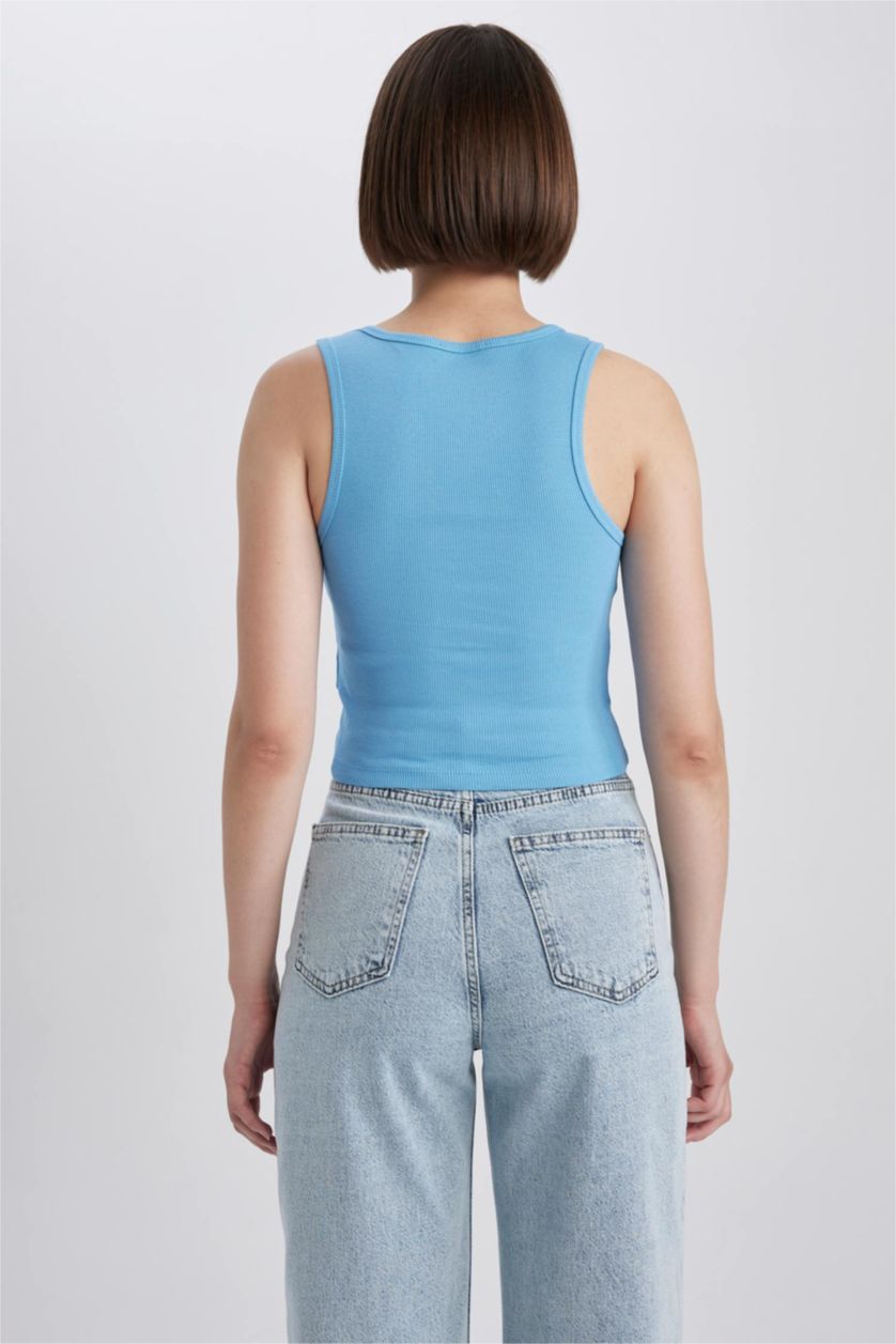 FEMME Bleu Camisole Côtelée Ajustée À Col En U