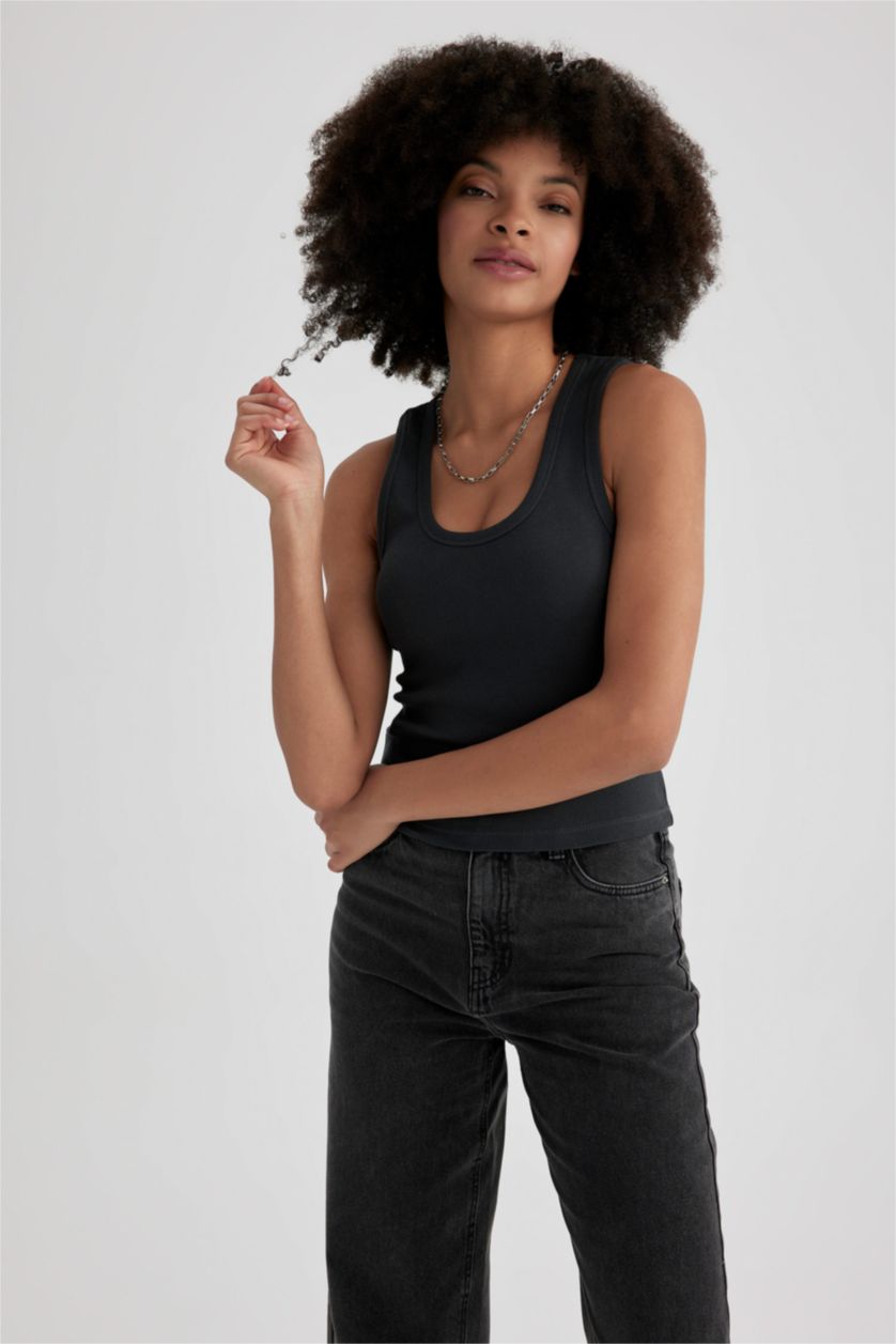 WOMAN Grey Fitted U Neck Ribbed Camisole Singlet