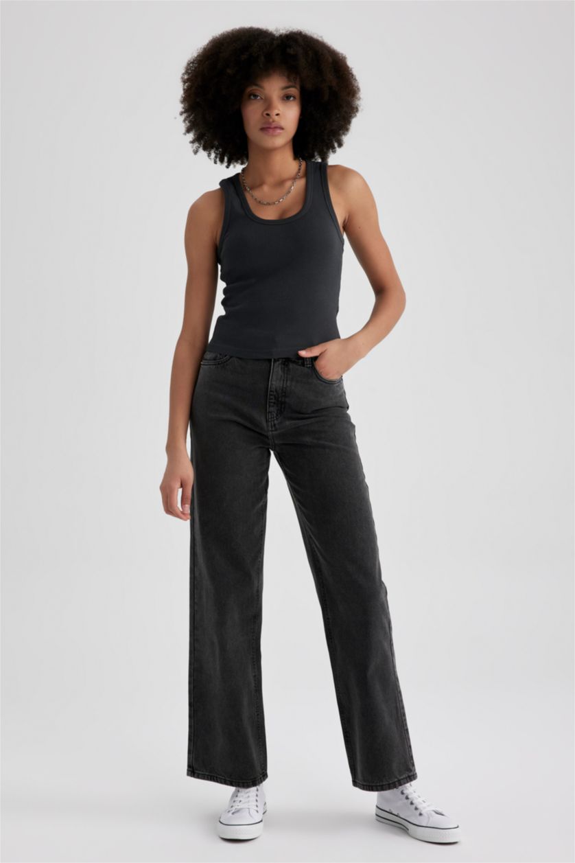 WOMAN Grey Fitted U Neck Ribbed Camisole Singlet