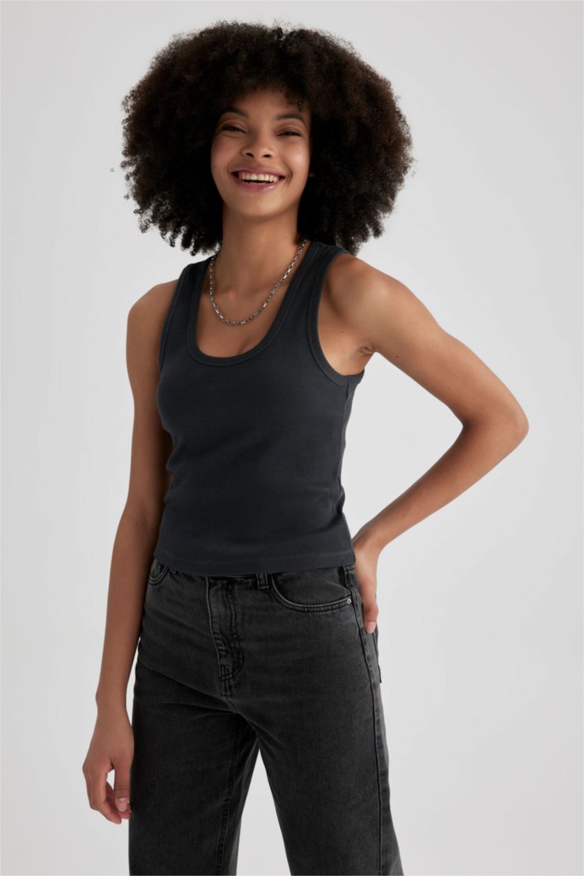 WOMAN Grey Fitted U Neck Ribbed Camisole Singlet