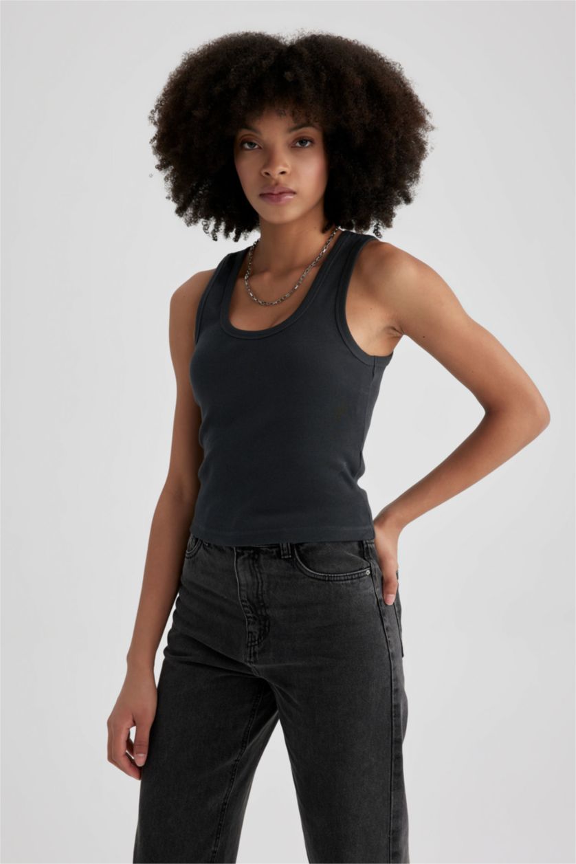 WOMAN Grey Fitted U Neck Ribbed Camisole Singlet