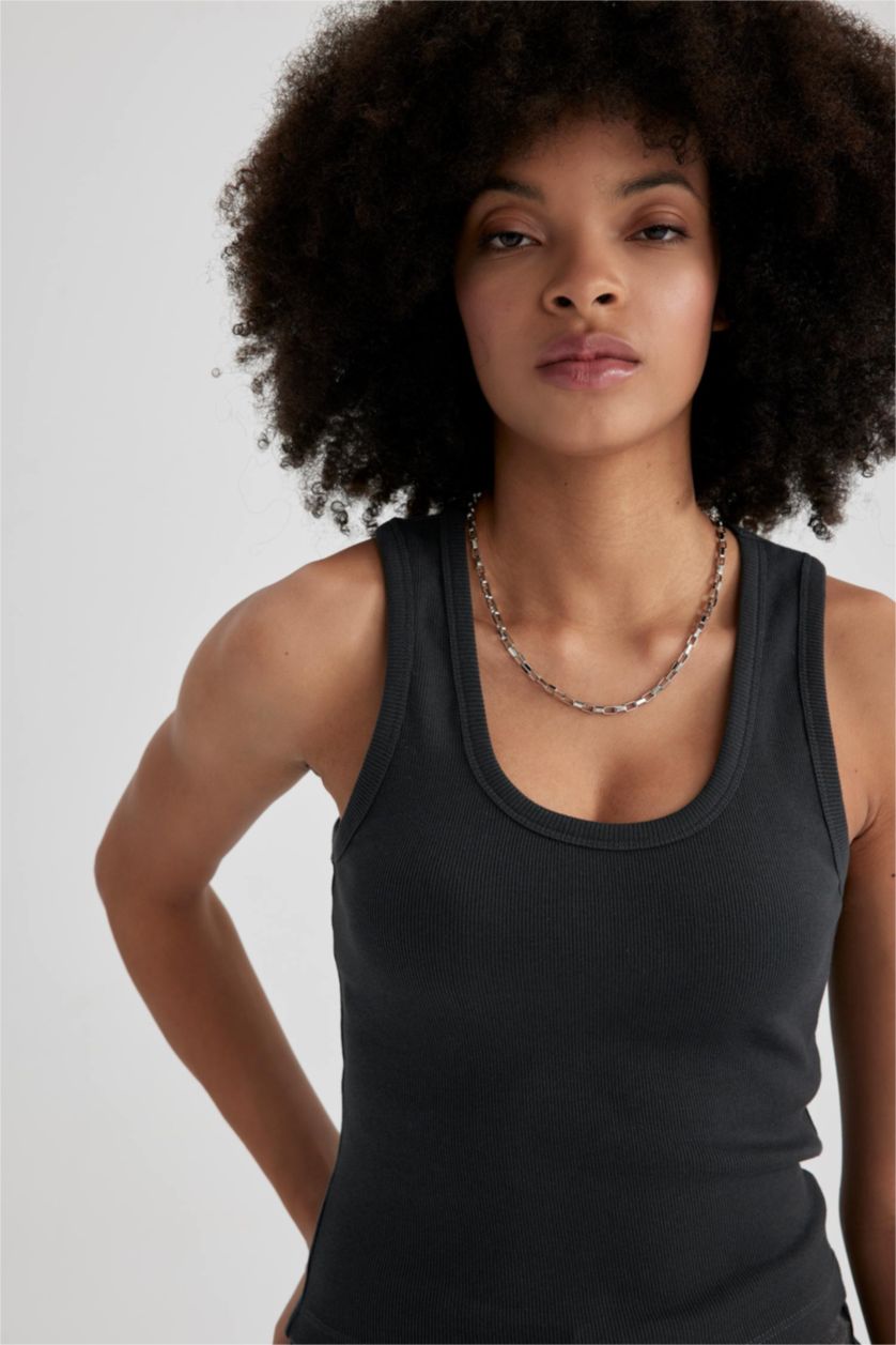 WOMAN Grey Fitted U Neck Ribbed Camisole Singlet
