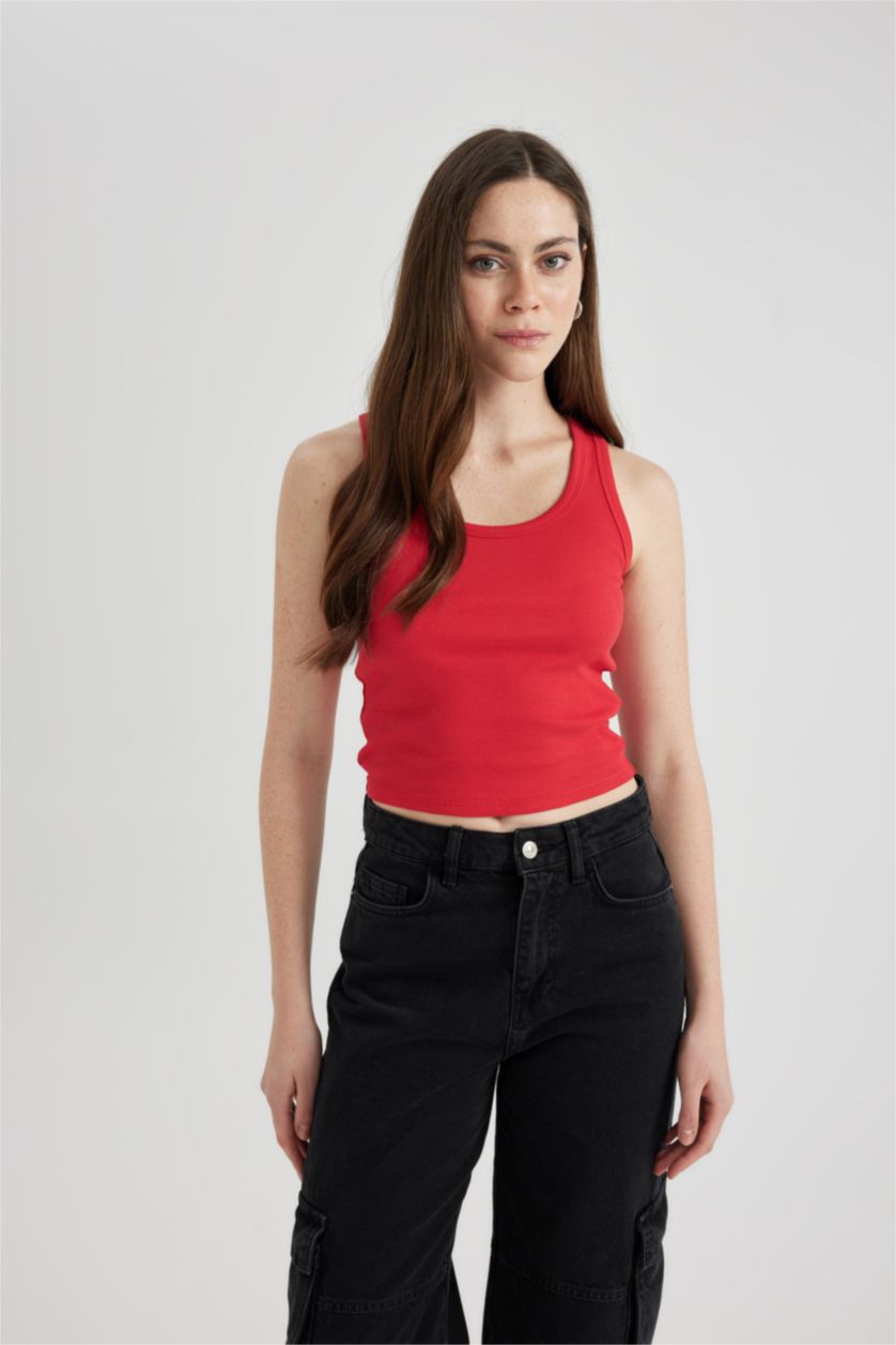 FEMME Rouge Débardeur Slim Côtelé Rouge à Col U