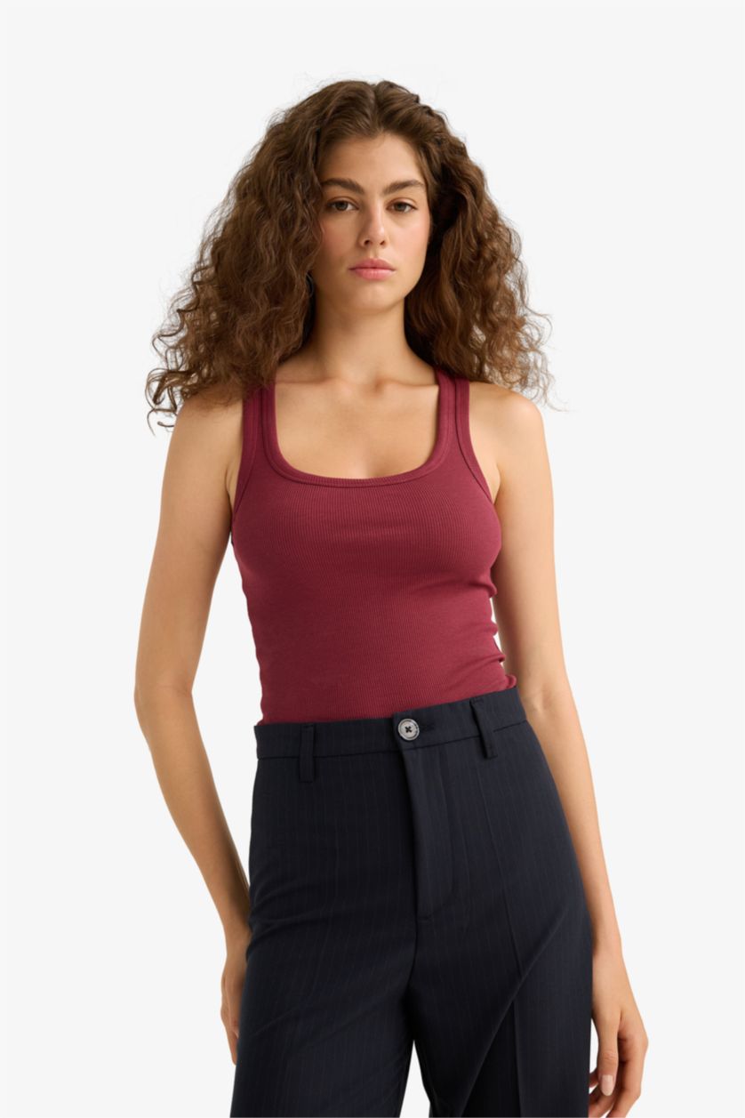 Kadın Bordo Fitted Basic Fitilli Kaşkorse Atlet