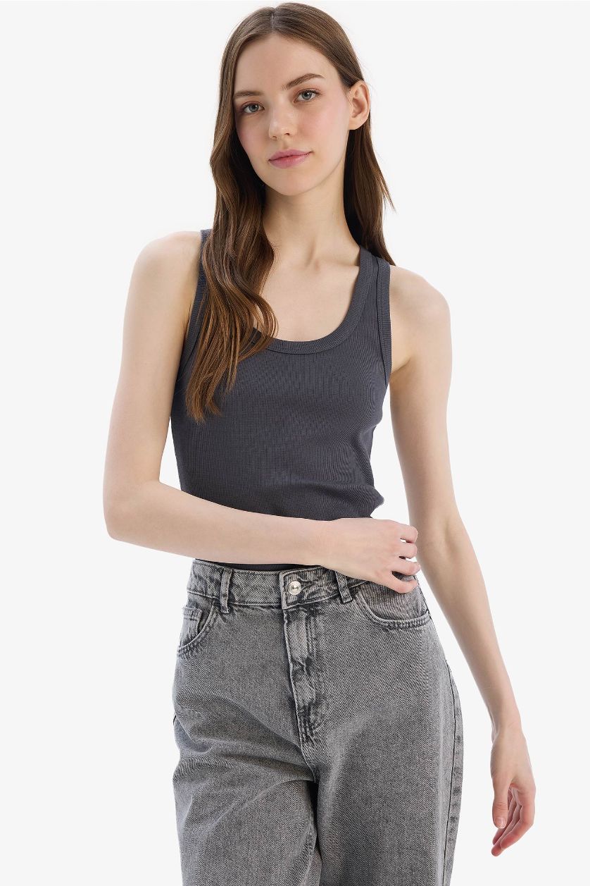 Kadın Antrasit Fitted U Yaka Basic Düz Fitilli Kaşkorse Atlet