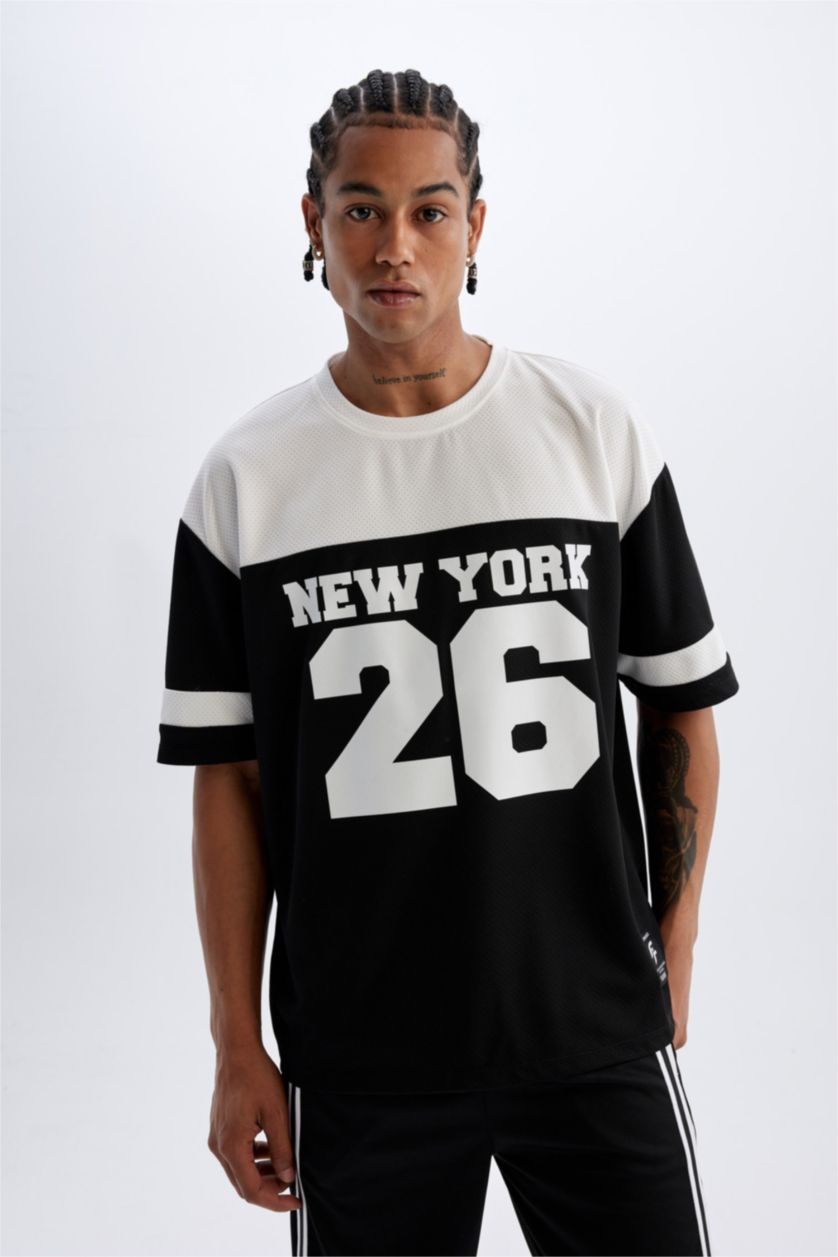 MAN Black Defacto Fit Oversize Fit Crew Neck Sports Printed T-Shirt