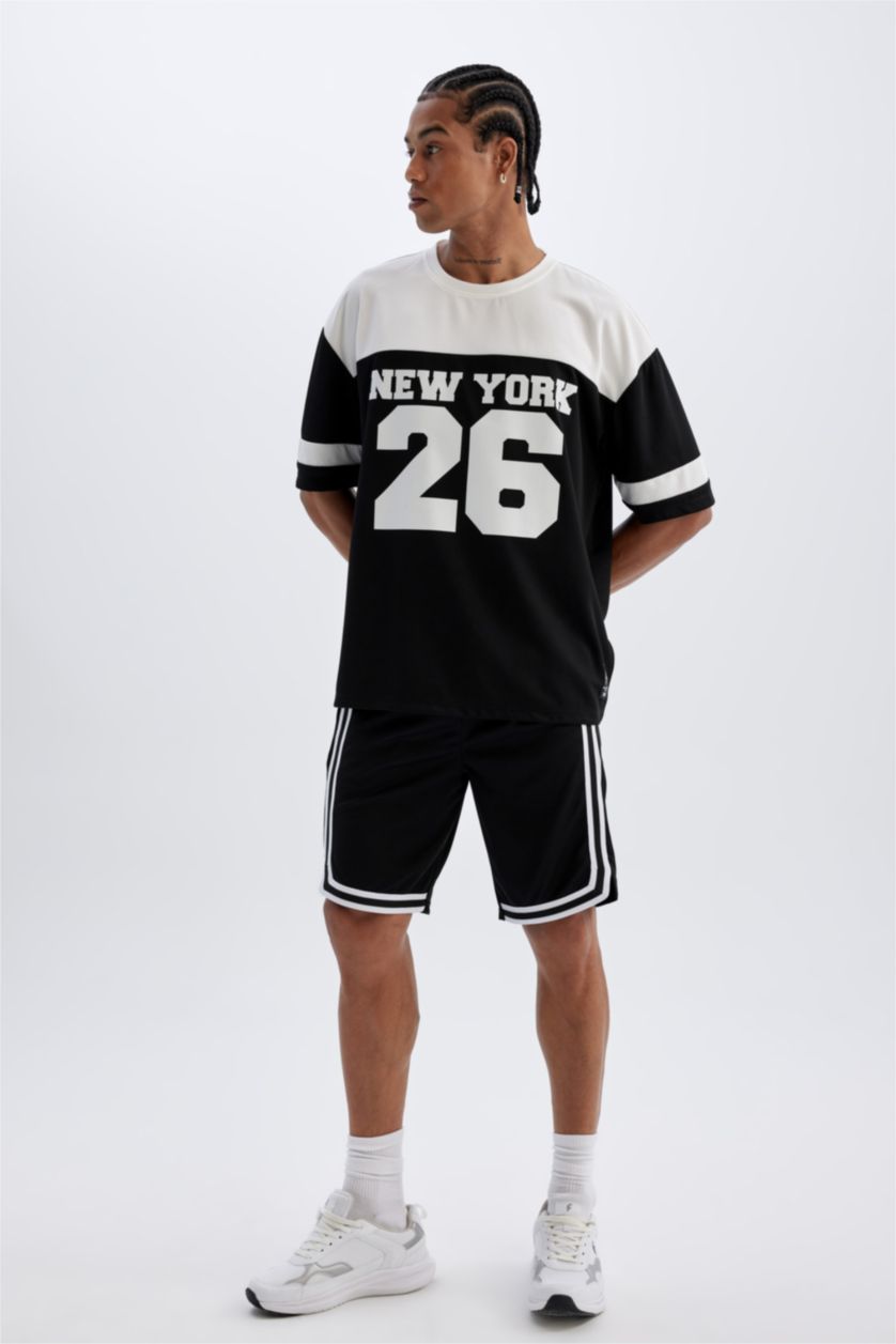 MAN Black Defacto Fit Oversize Fit Crew Neck Sports Printed T-Shirt