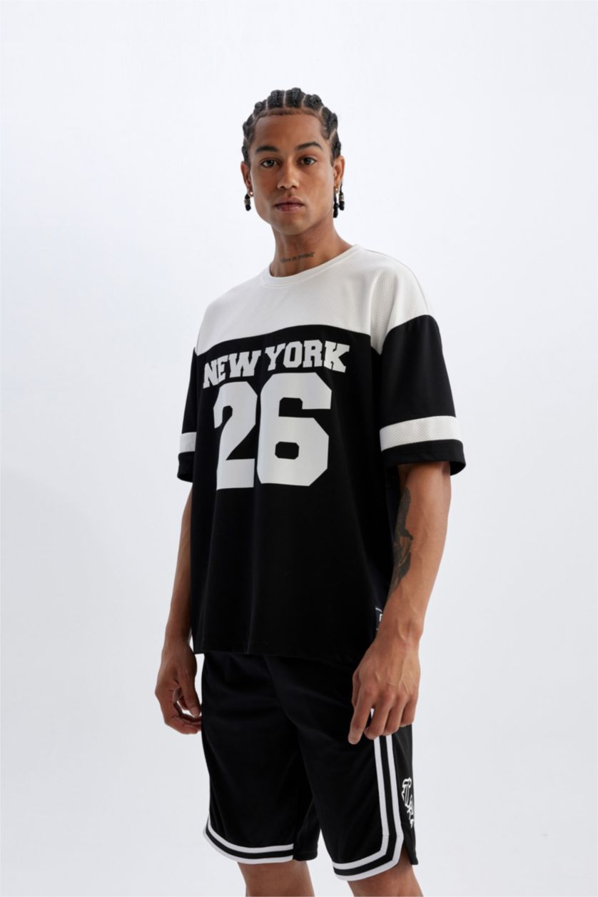 MAN Black Defacto Fit Oversize Fit Crew Neck Sports Printed T-Shirt