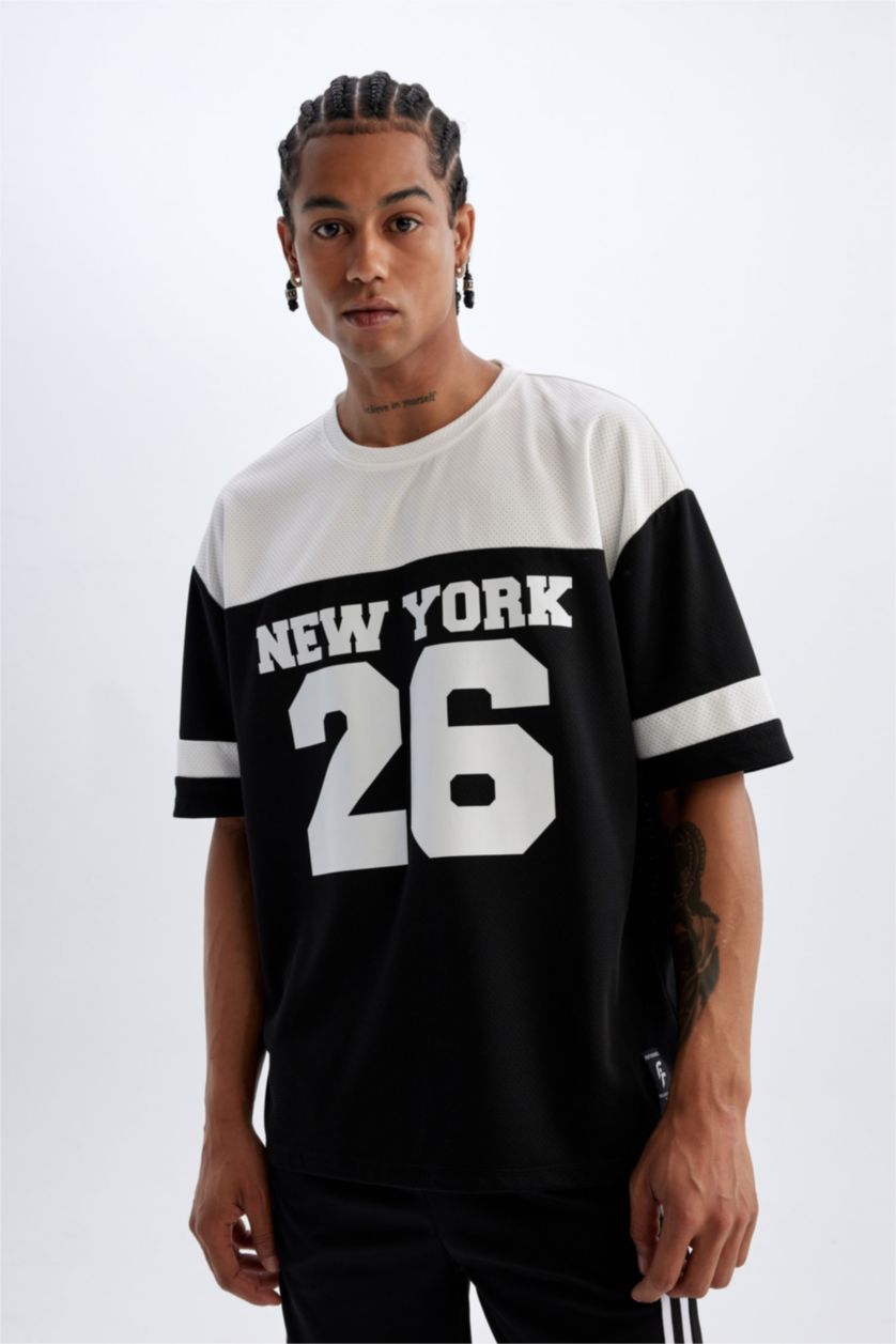 MAN Black Defacto Fit Oversize Fit Crew Neck Sports Printed T-Shirt