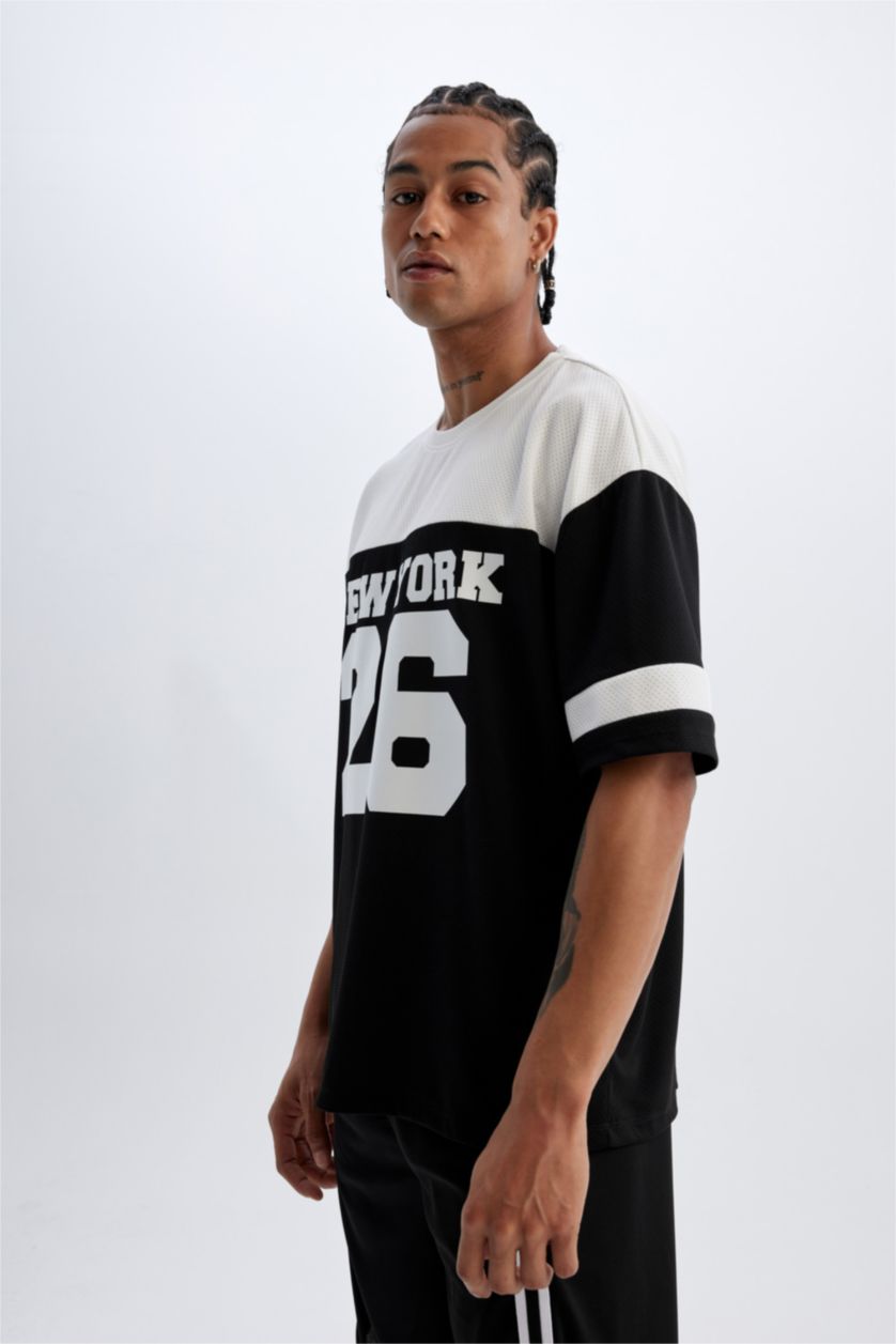 MAN Black Defacto Fit Oversize Fit Crew Neck Sports Printed T-Shirt