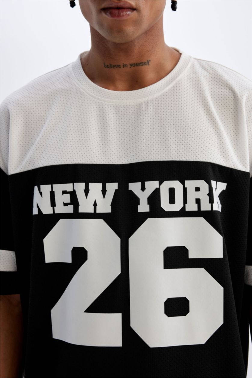 MAN Black Defacto Fit Oversize Fit Crew Neck Sports Printed T-Shirt