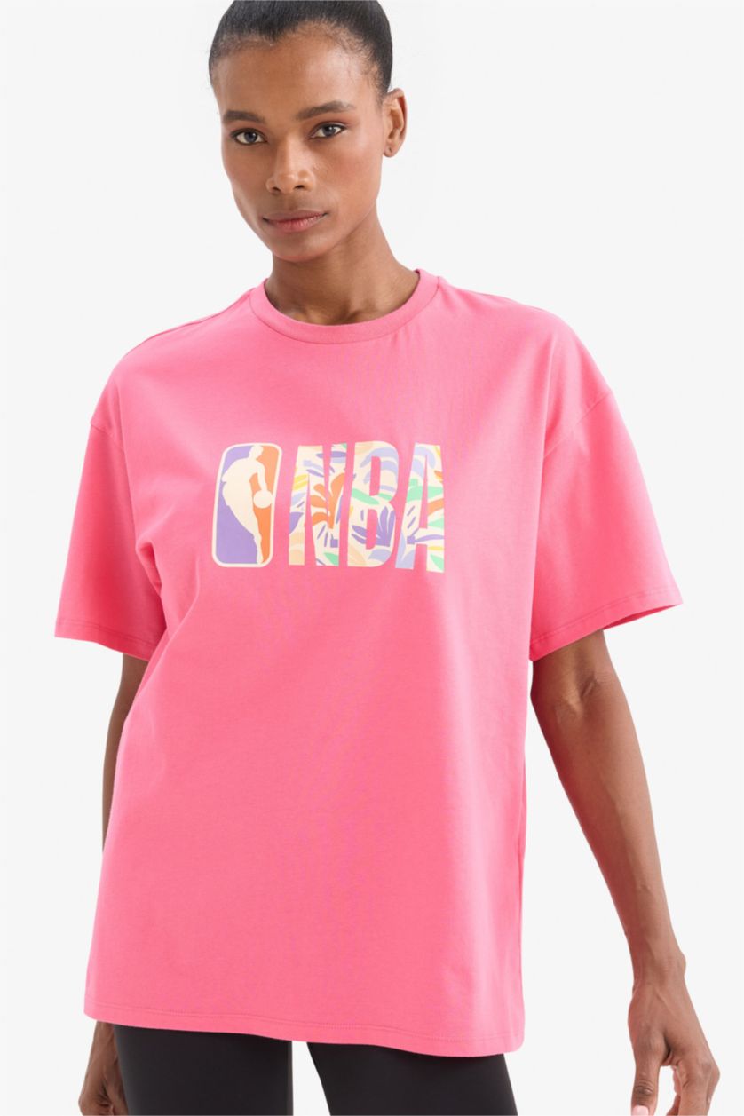 WOMAN Pink DeFactoFit NBA Wordmark Oversize Fit Short Sleeve T-Shirt