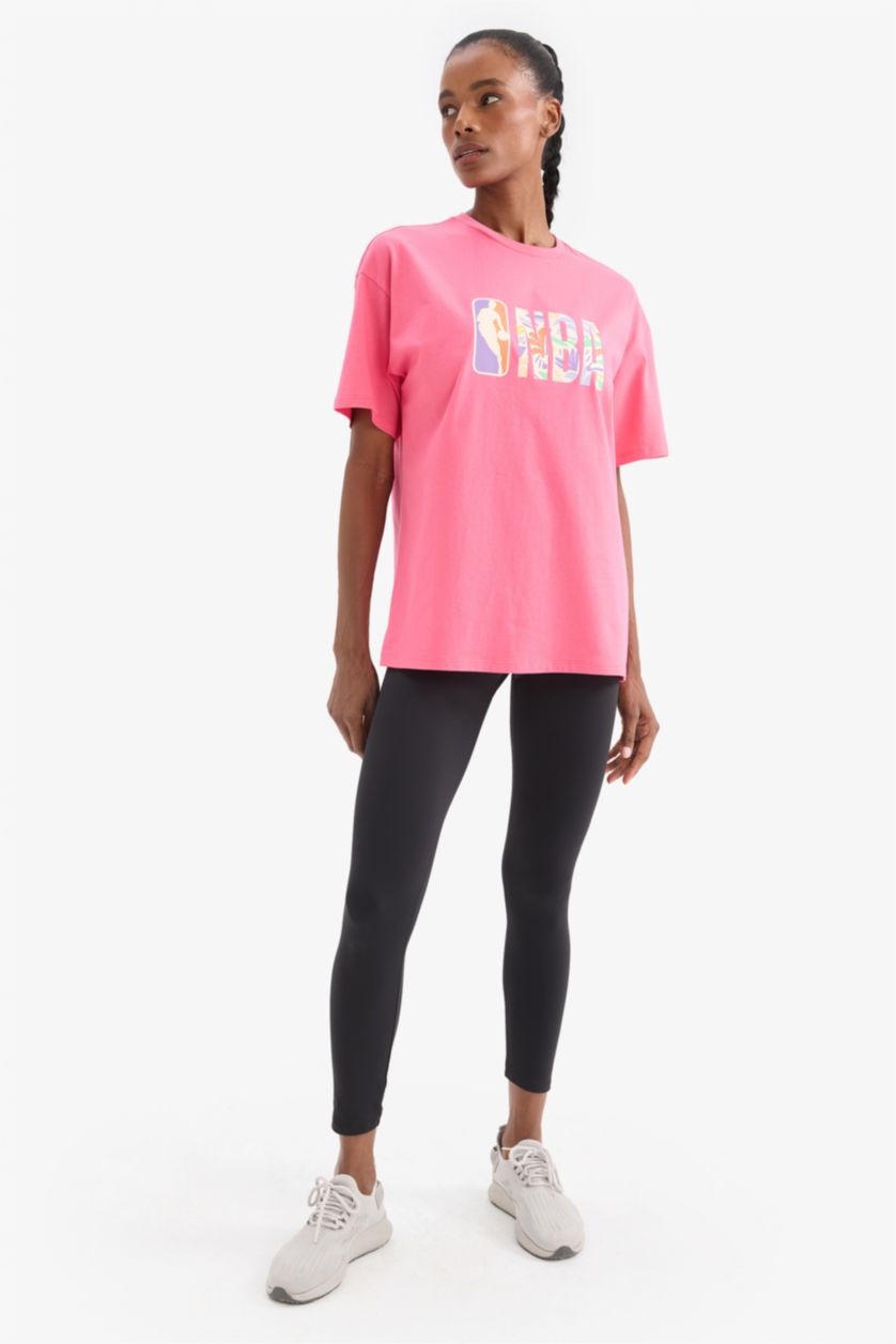 WOMAN Pink DeFactoFit NBA Wordmark Oversize Fit Short Sleeve T-Shirt