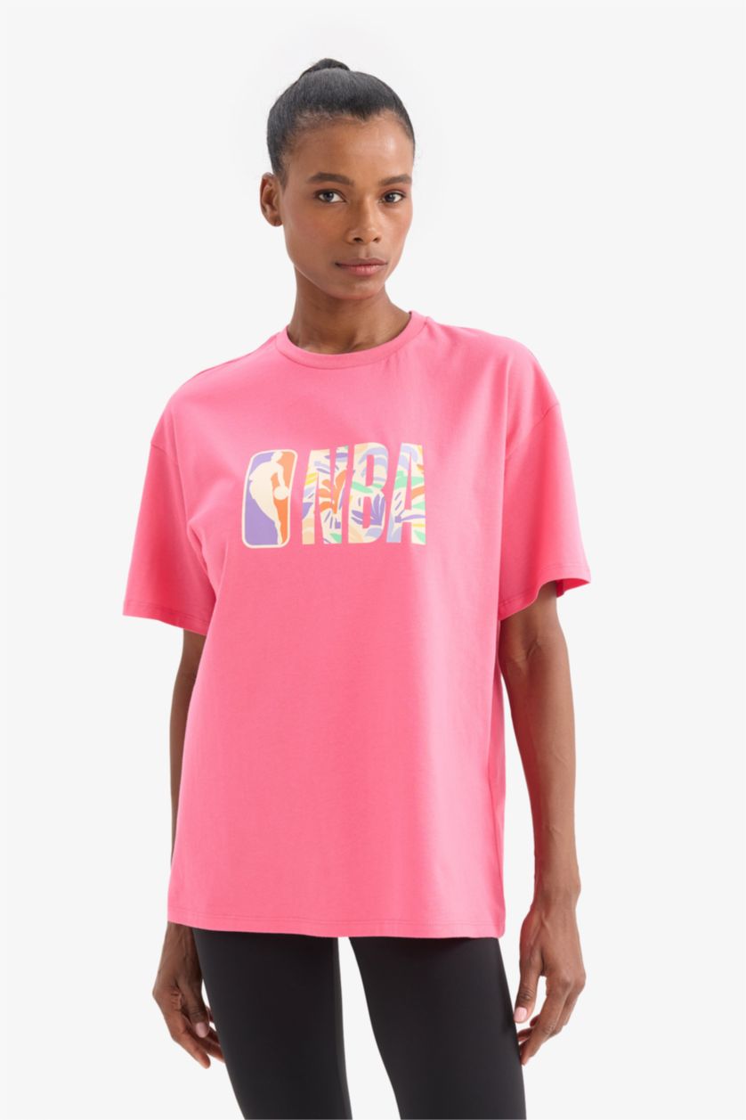 WOMAN Pink DeFactoFit NBA Wordmark Oversize Fit Short Sleeve T-Shirt