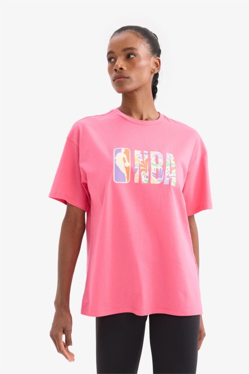 WOMAN Pink DeFactoFit NBA Wordmark Oversize Fit Short Sleeve T-Shirt
