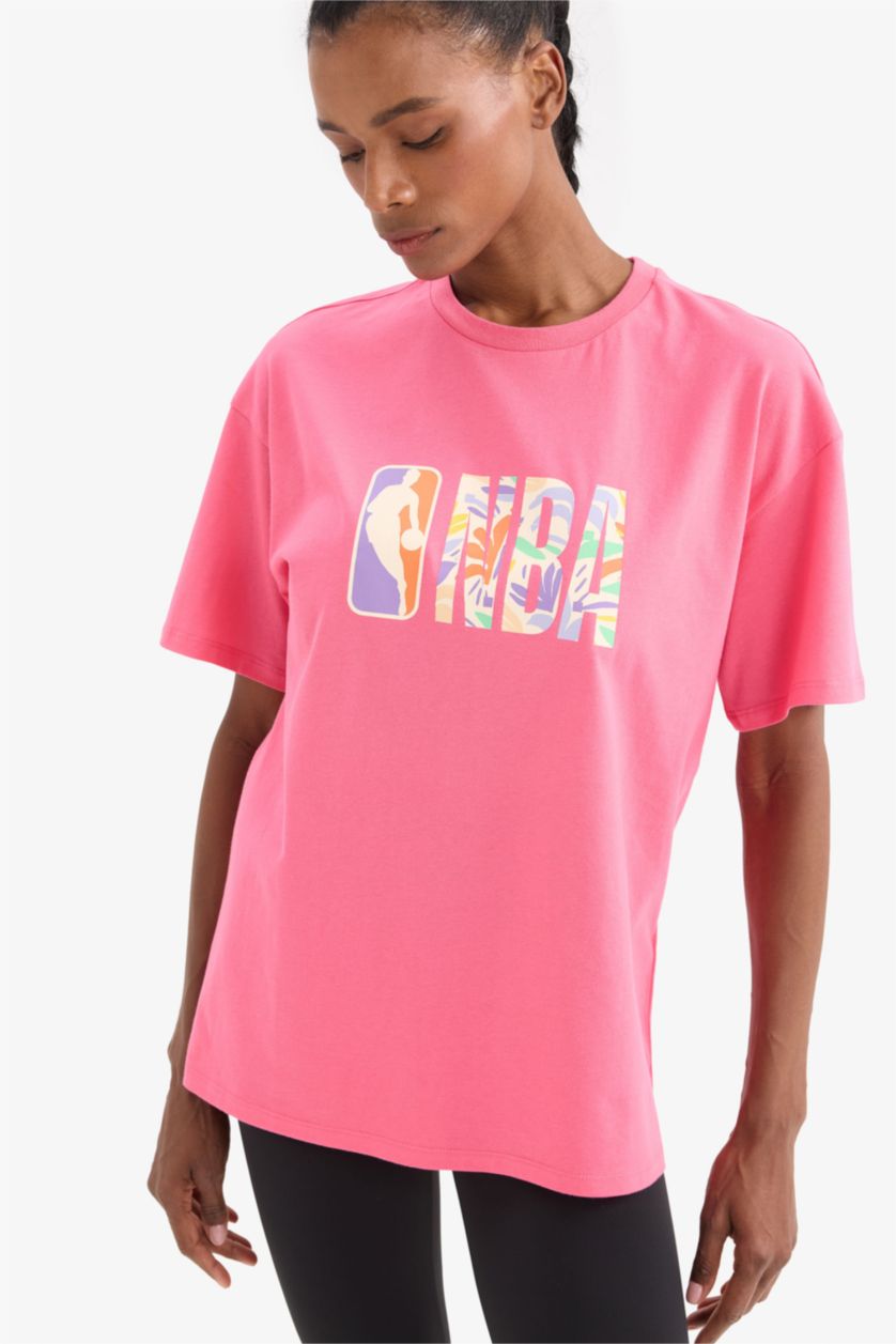 WOMAN Pink DeFactoFit NBA Wordmark Oversize Fit Short Sleeve T-Shirt