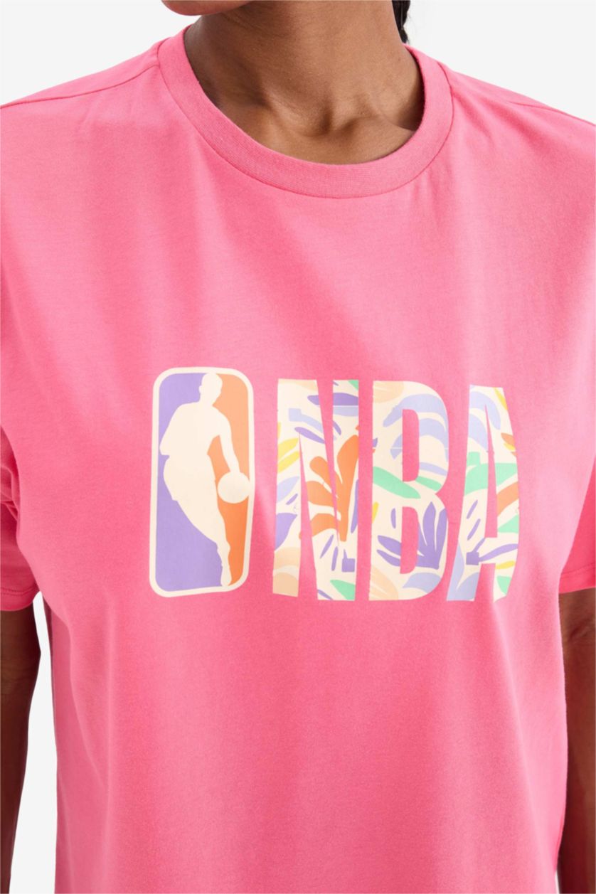 WOMAN Pink DeFactoFit NBA Wordmark Oversize Fit Short Sleeve T-Shirt