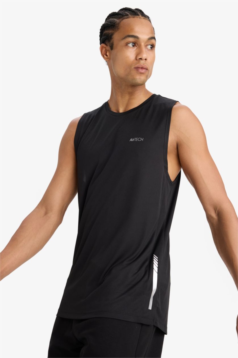 Erkek Siyah Hızlı Kuruyan Standart Fit Sporcu Bisiklet Yaka Baskılı Atlet