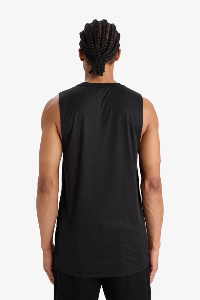 Erkek Siyah Hızlı Kuruyan Standart Fit Sporcu Bisiklet Yaka Baskılı Atlet