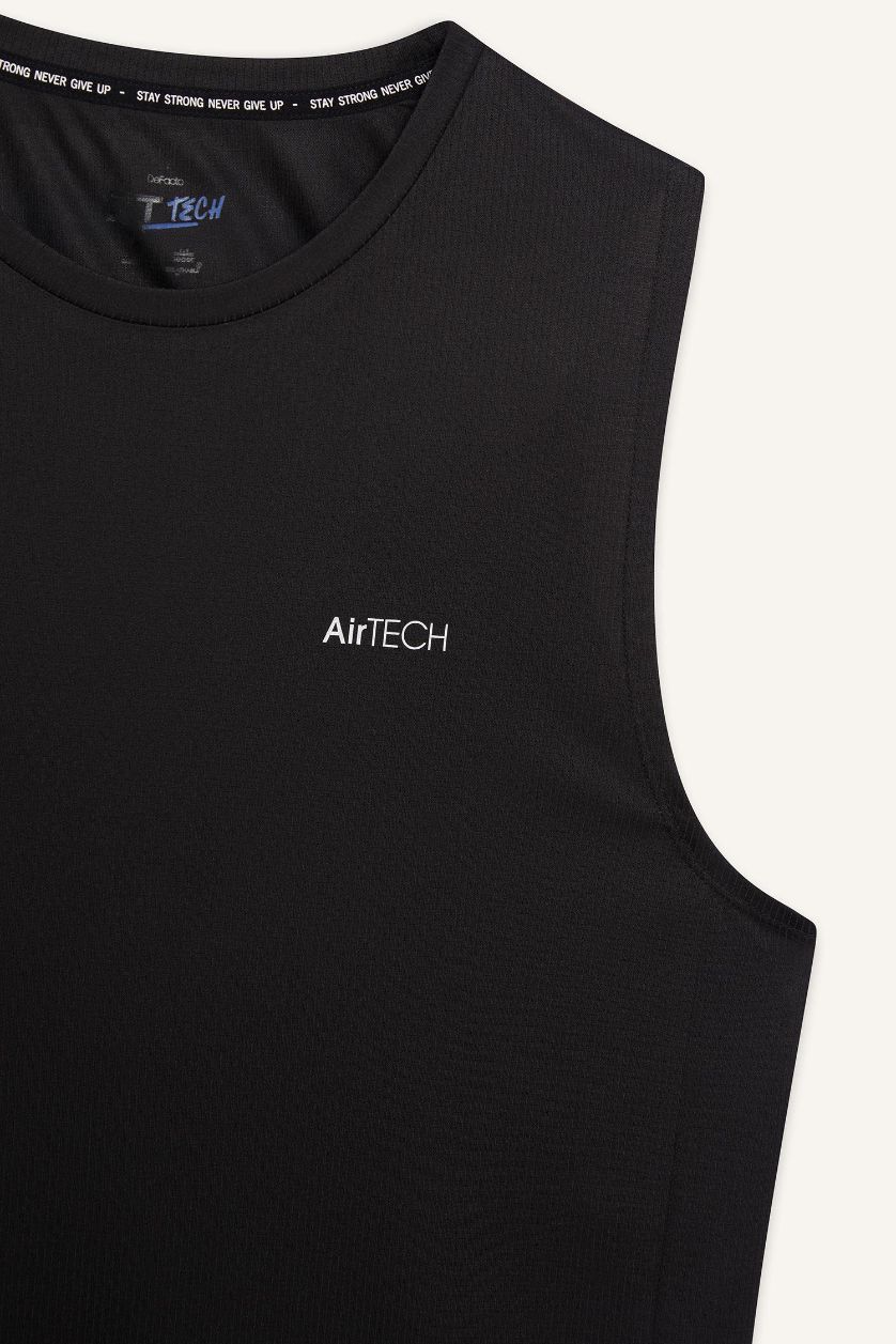 Erkek Siyah Hızlı Kuruyan Standart Fit Sporcu Bisiklet Yaka Baskılı Atlet