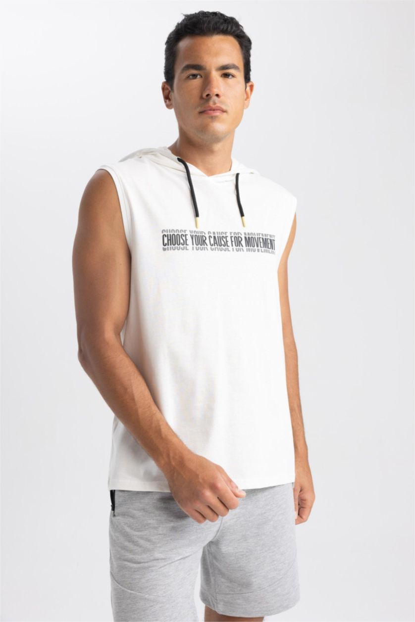 MAN Ecru Slim Fit Printed Hooded Sleeveless Tank Top