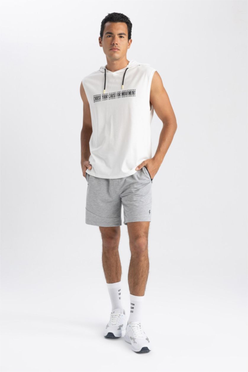 MAN Ecru Slim Fit Printed Hooded Sleeveless Tank Top