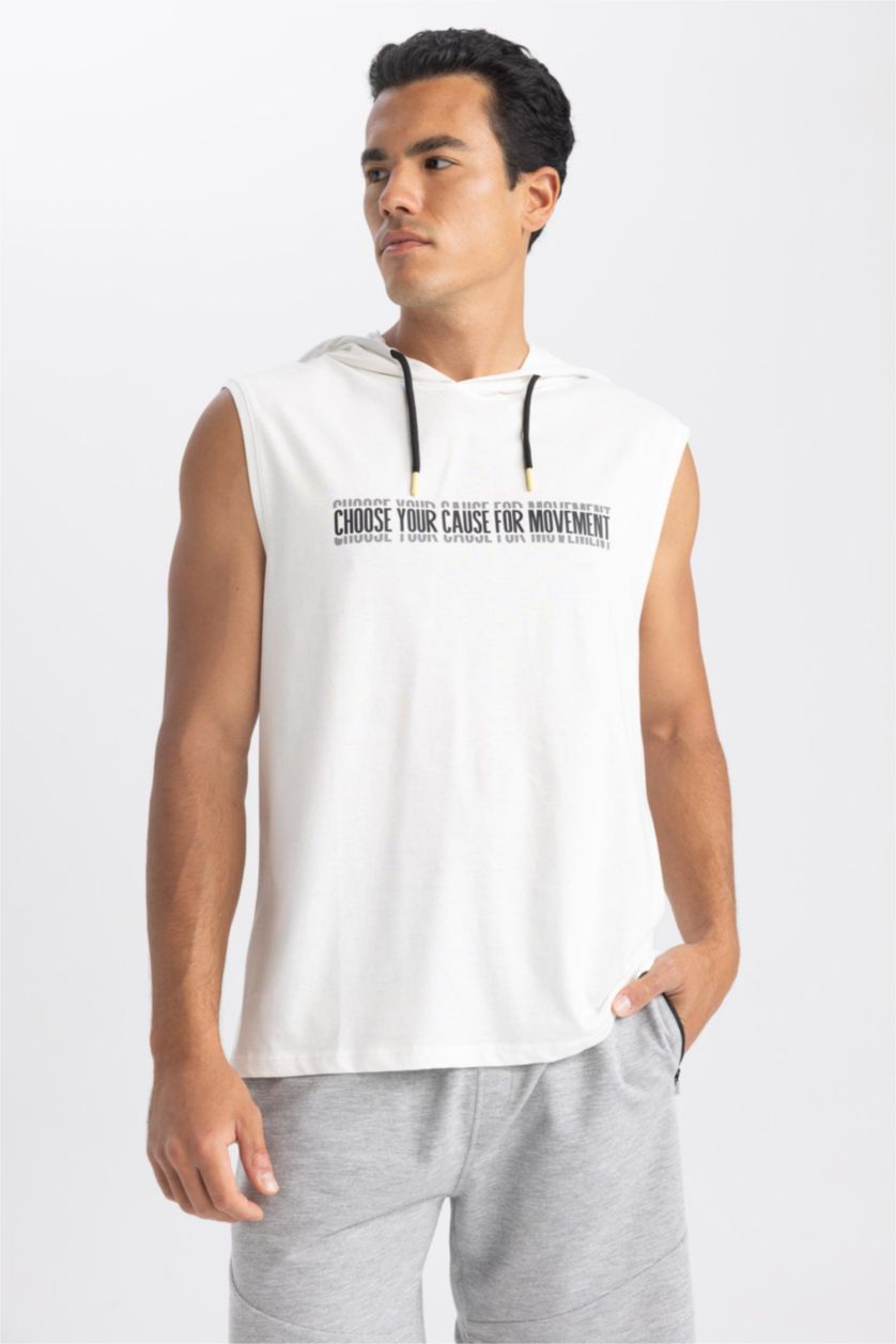 MAN Ecru Slim Fit Printed Hooded Sleeveless Tank Top