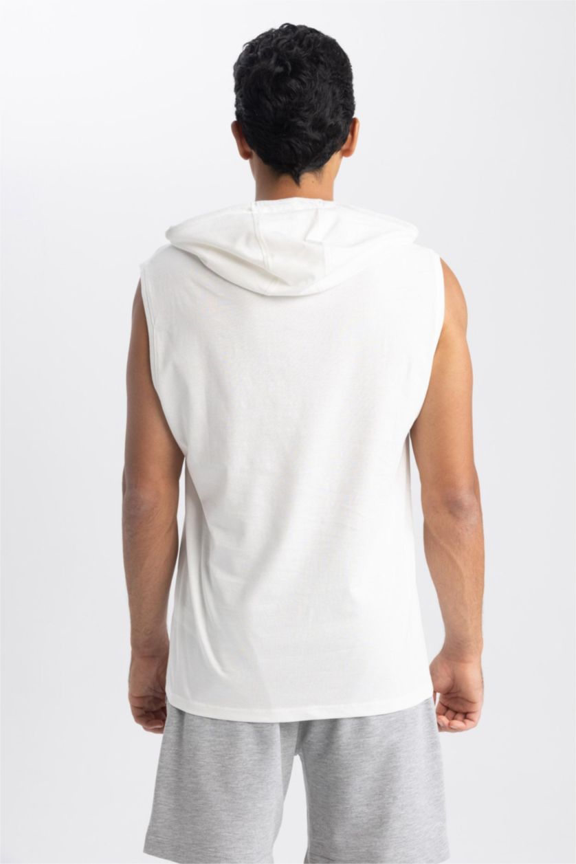 MAN Ecru Slim Fit Printed Hooded Sleeveless Tank Top