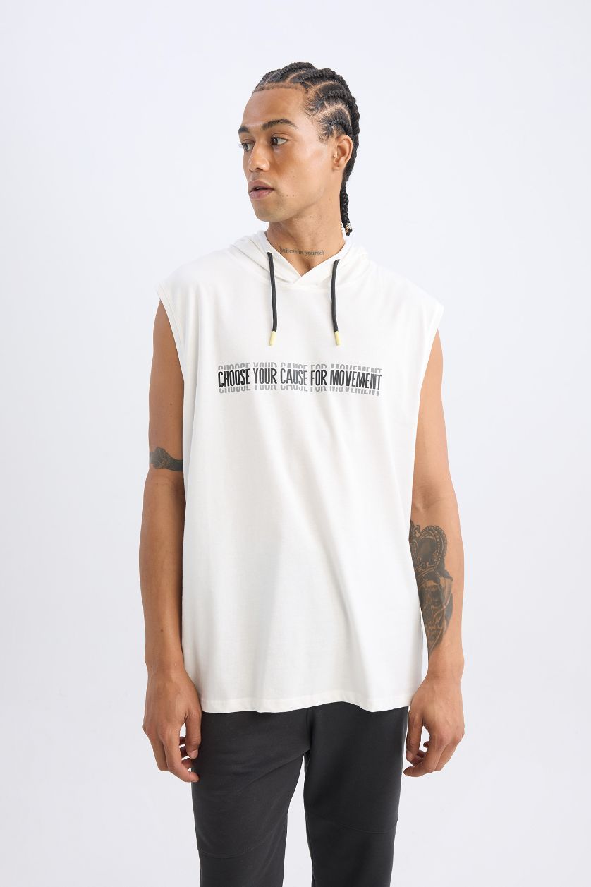 Man Ecru DeFactoFit Slim Fit Printed Hooded Tank Top