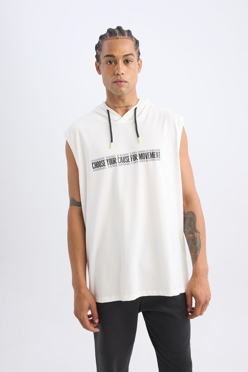 Man Ecru DeFactoFit Slim Fit Printed Hooded Tank Top