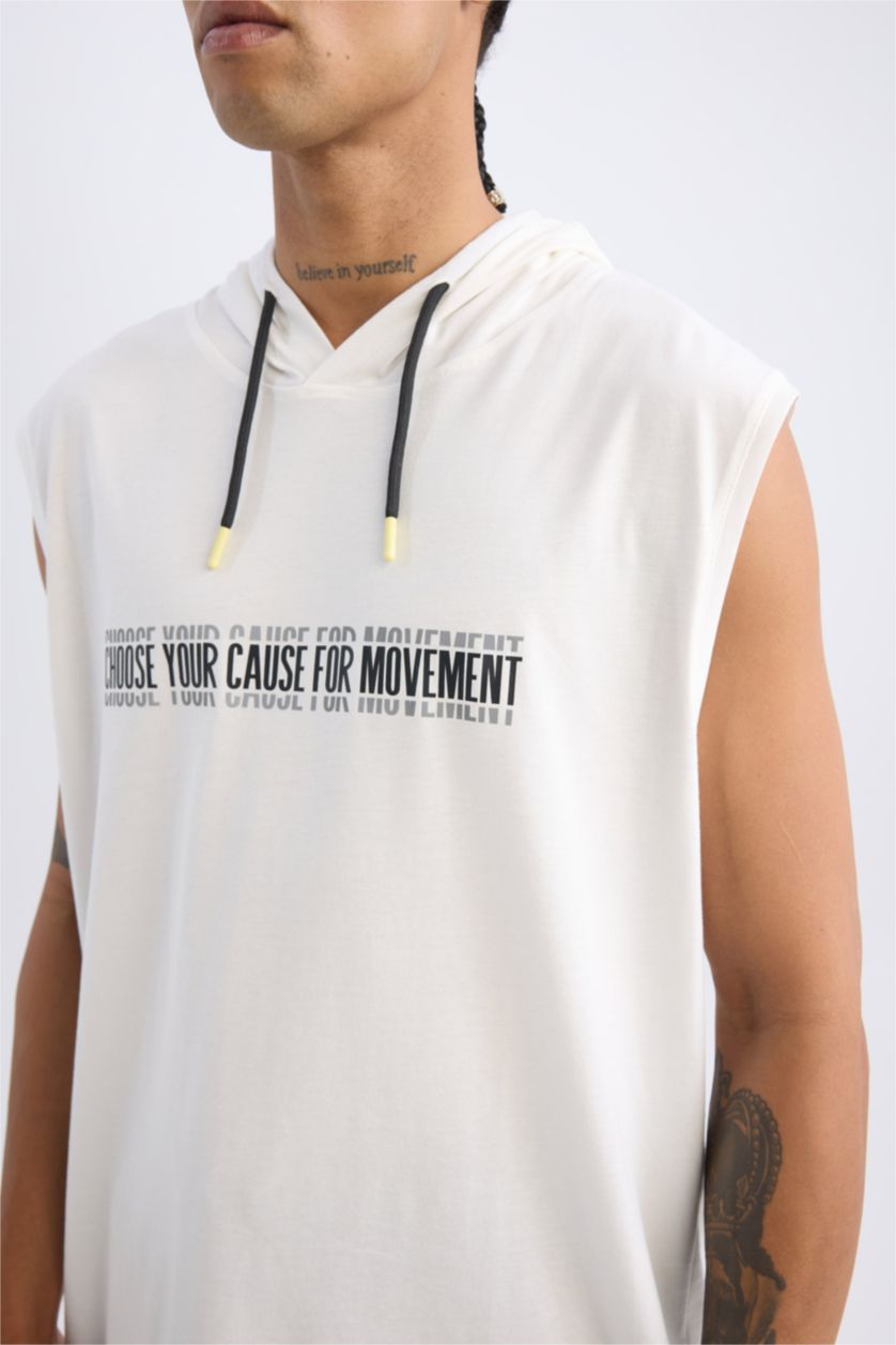 Man Ecru DeFactoFit Slim Fit Printed Hooded Tank Top