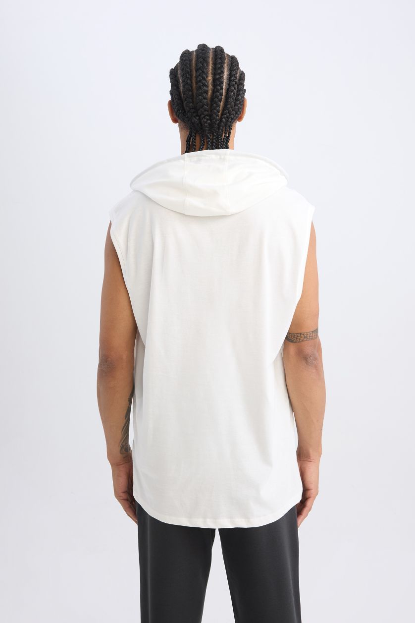 Man Ecru DeFactoFit Slim Fit Printed Hooded Tank Top